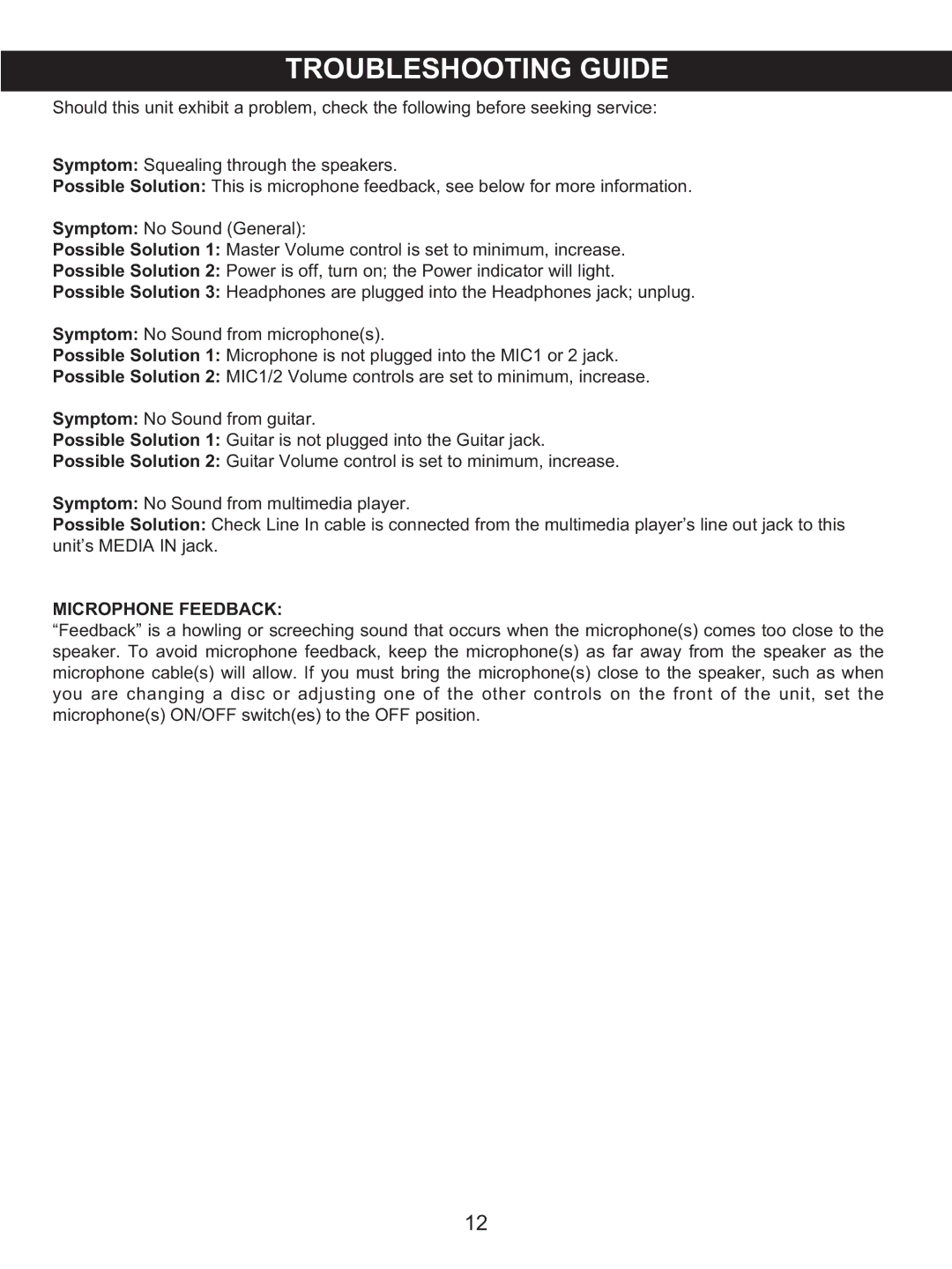 Memorex MKS-SS1 manual Microphone Feedback 