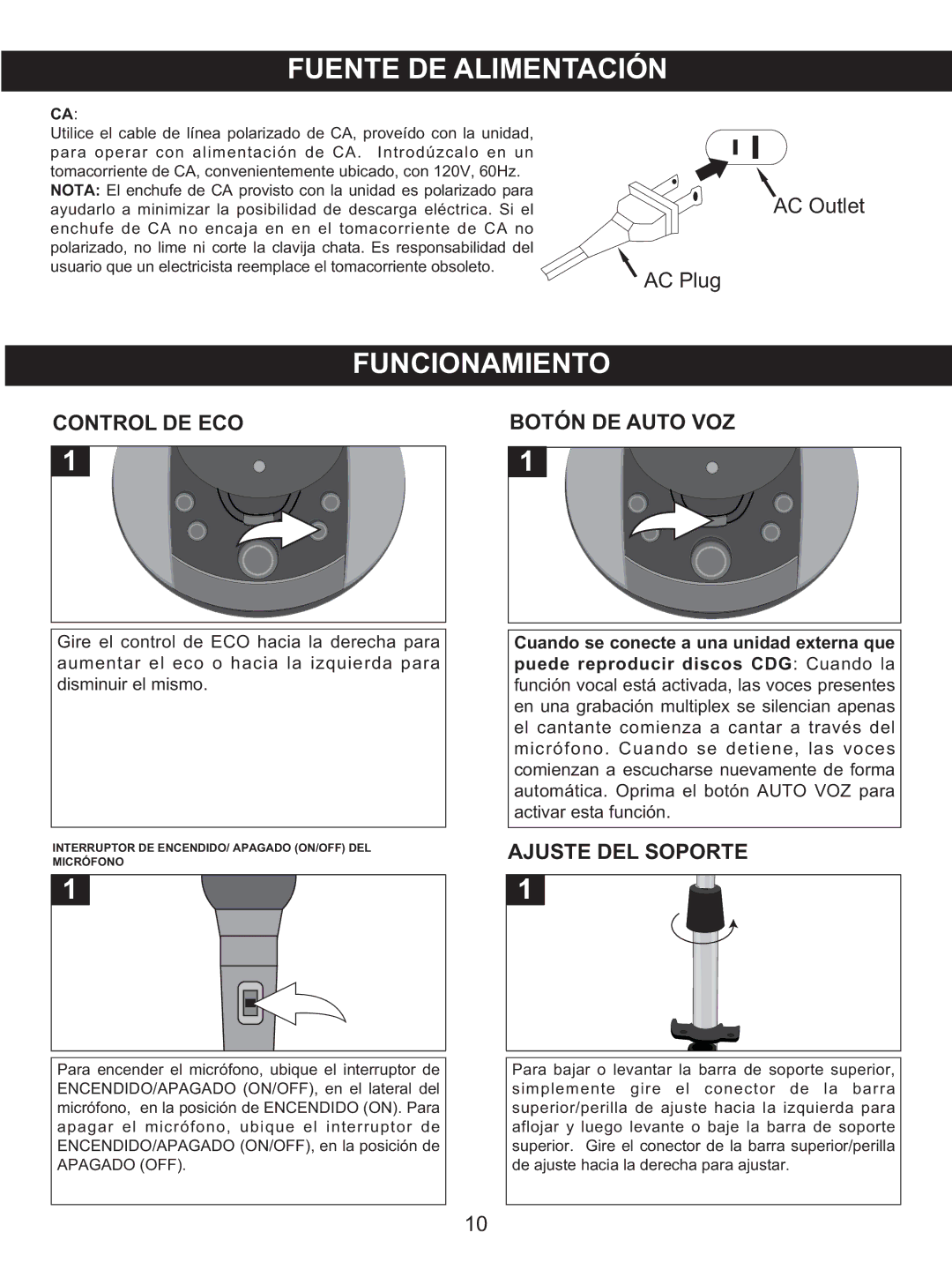 Memorex MKS-SS1 manual Control DE ECO, Botón DE Auto VOZ, Ajuste DEL Soporte 