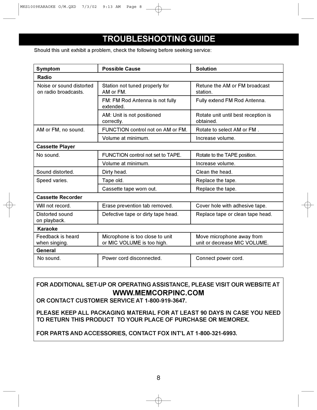 Memorex MKS1009 operating instructions Troubleshooting Guide, Symptom Possible Cause Solution Radio 