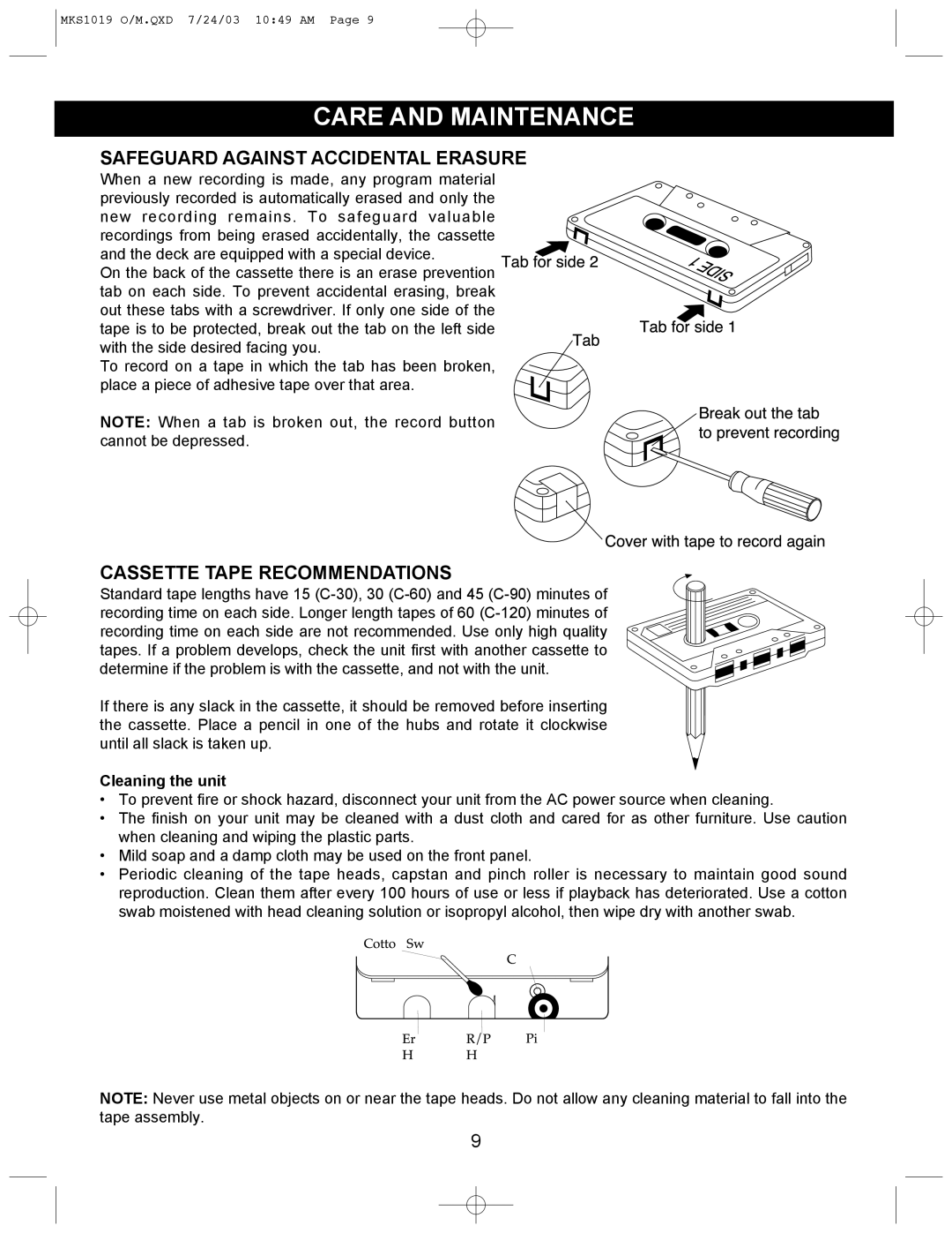 Memorex MKS1019 manual Safeguard Against Accidental Erasure, Cassette Tape Recommendations, Cleaning the unit 