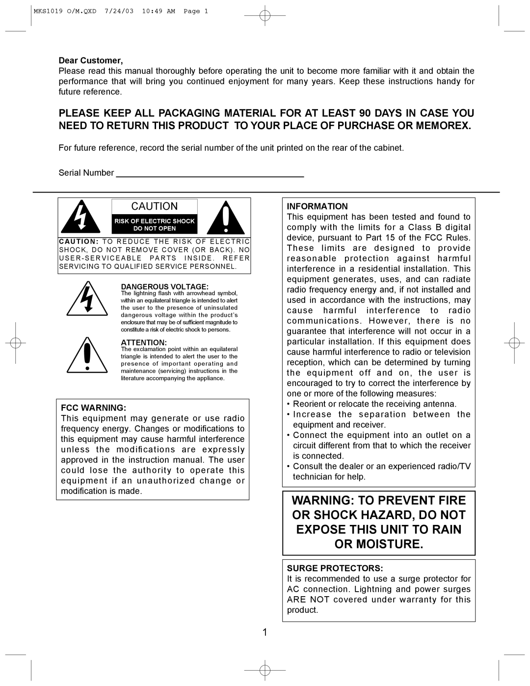 Memorex MKS1019 manual Dear Customer, Risk of Electric Shock Do not Open 