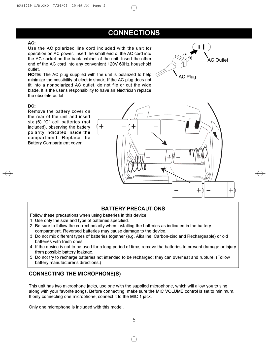 Memorex MKS1019 manual Connections, Battery Precautions, Connecting the Microphones 