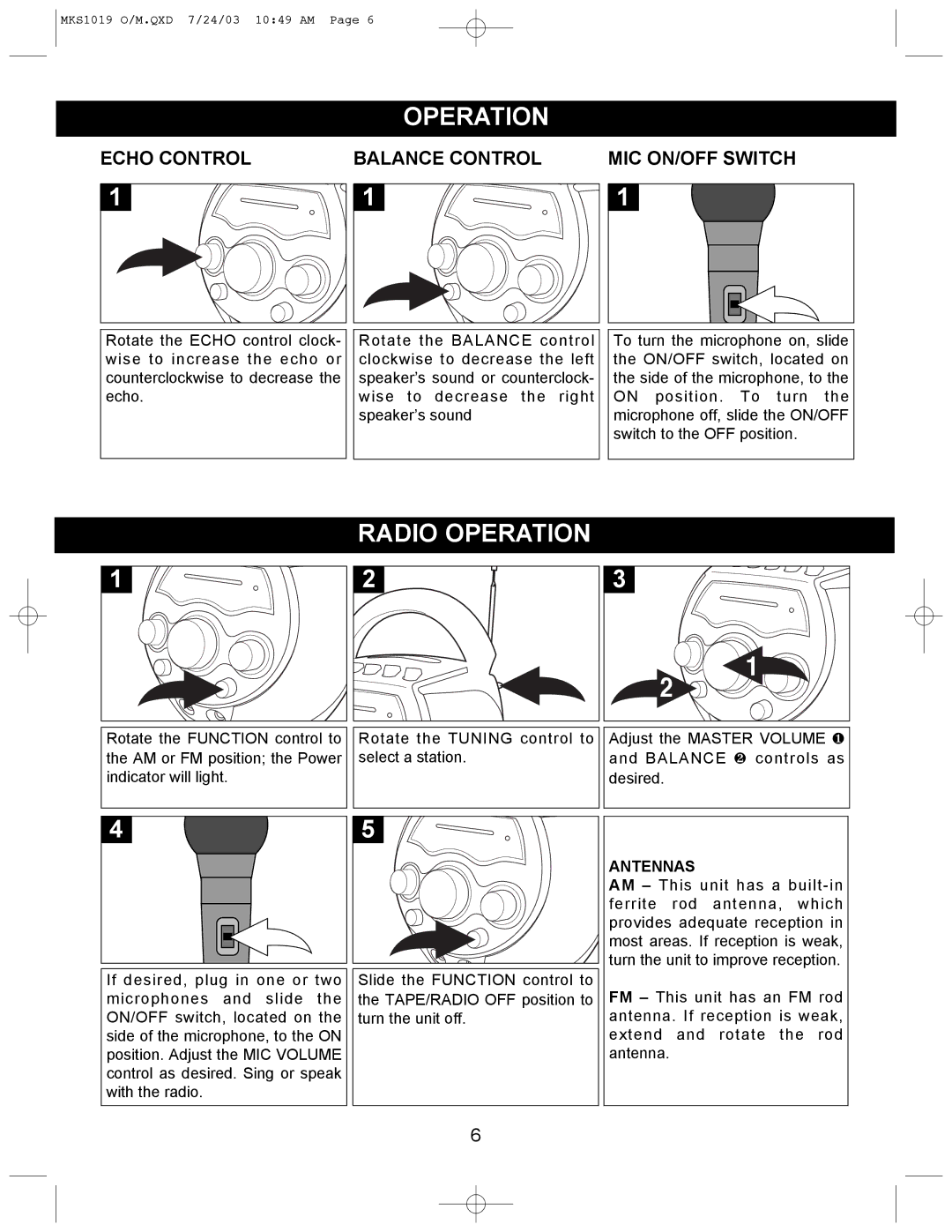 Memorex MKS1019 manual Radio Operation, Echo Control Balance Control MIC ON/OFF Switch 