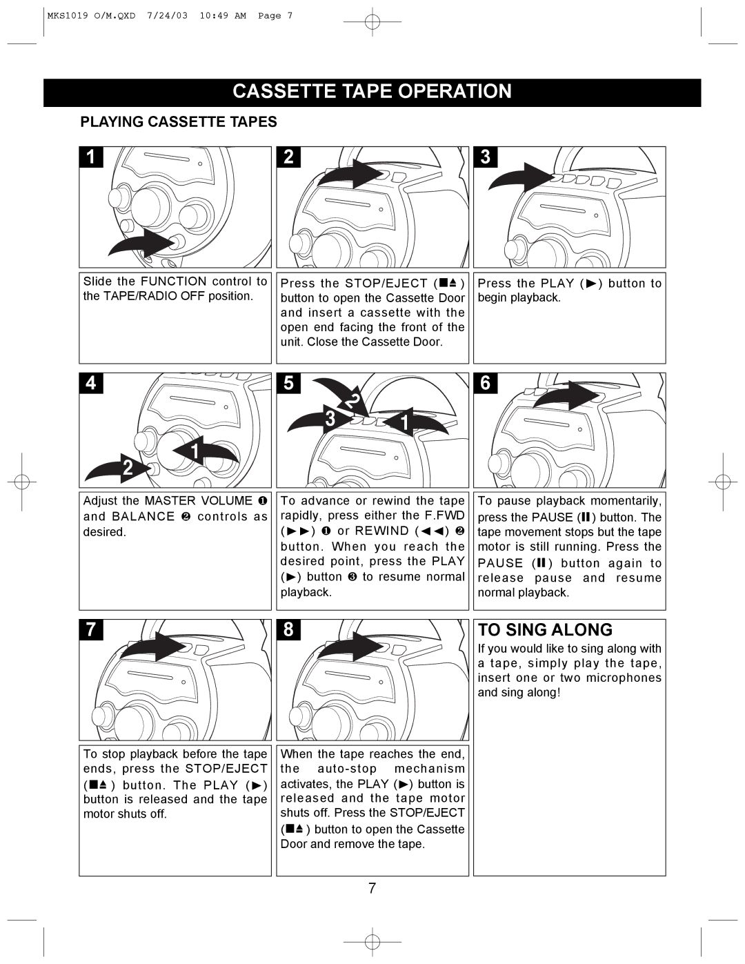 Memorex MKS1019 manual Cassette Tape Operation, Playing Cassette Tapes 
