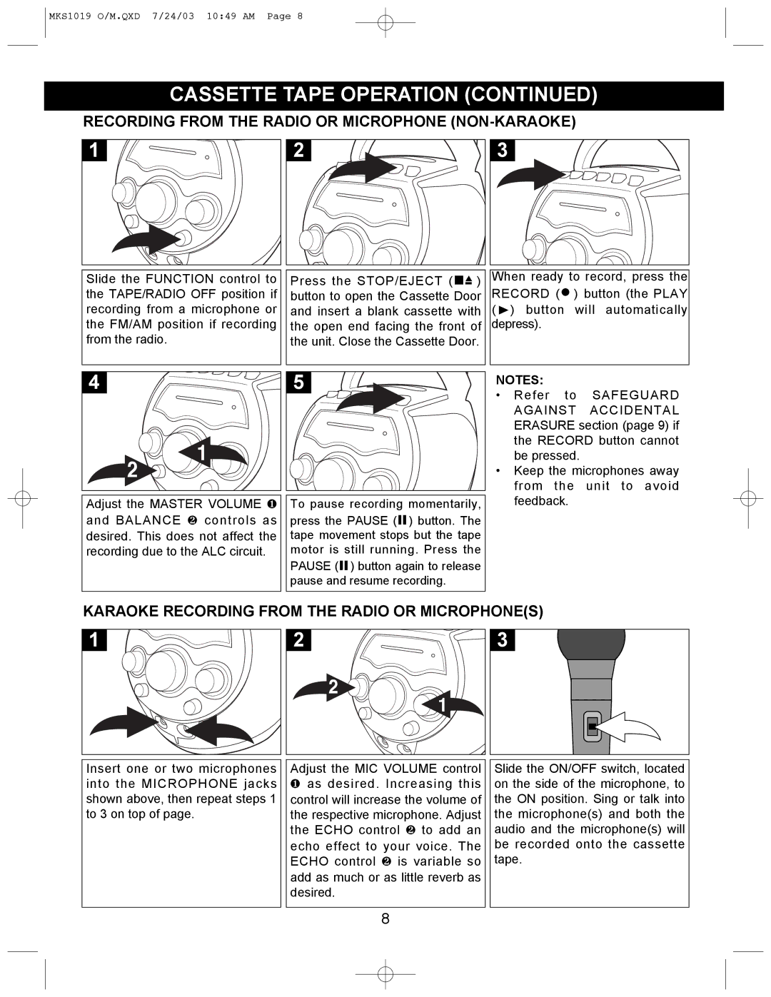 Memorex MKS1019 manual Recording from the Radio or Microphone NON-KARAOKE, Karaoke Recording from the Radio or Microphones 