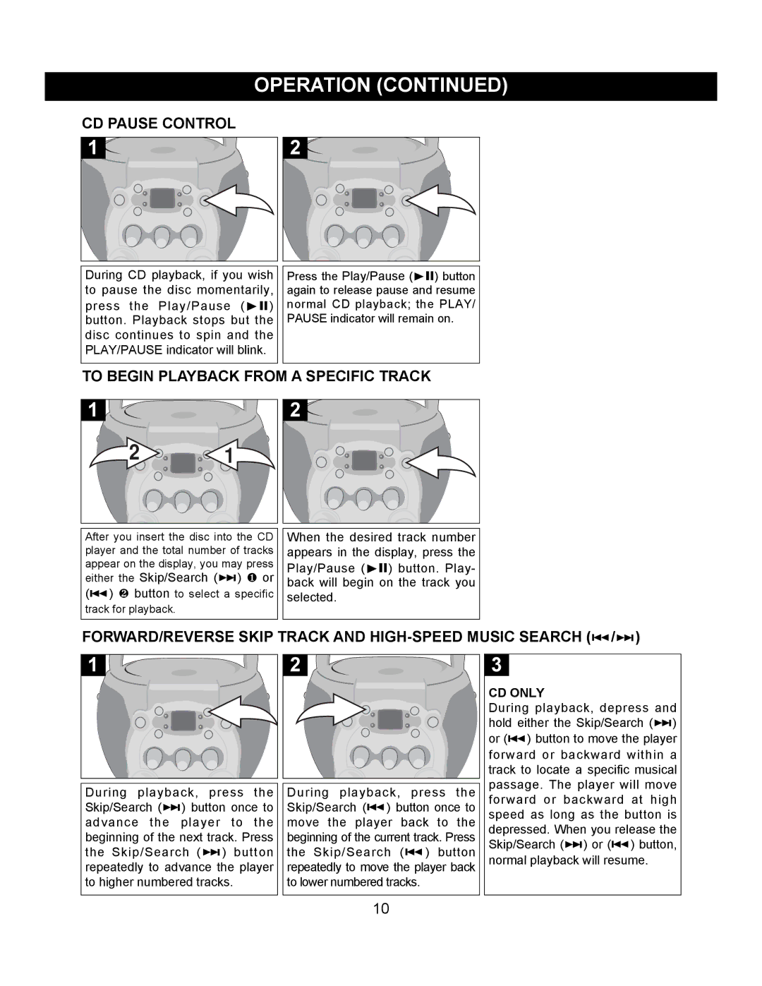 Memorex MKS2111 operating instructions CD Pause Control, To Begin Playback from a Specific Track 