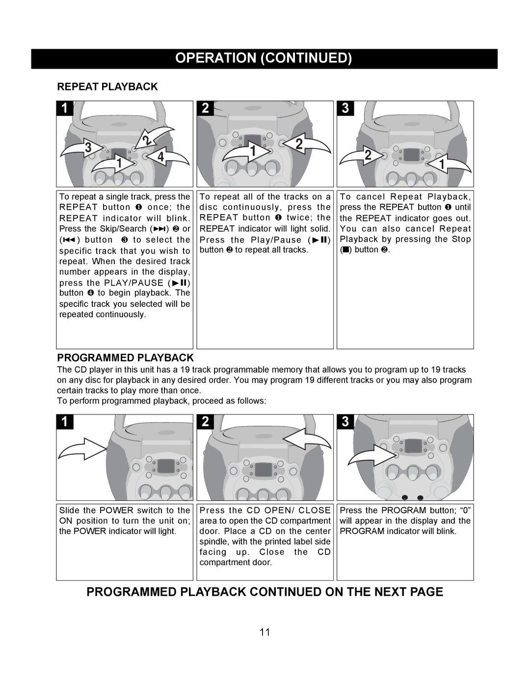 Memorex MKS2111 operating instructions Repeat Playback, Programmed Playback 