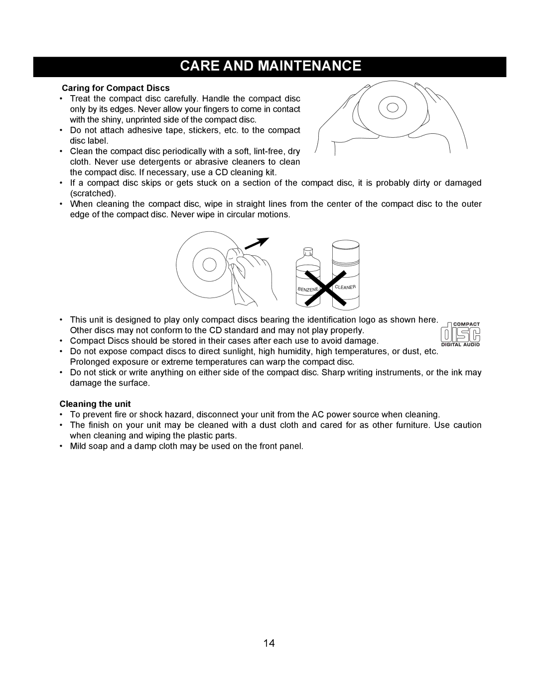 Memorex MKS2111 operating instructions Care and Maintenance, Caring for Compact Discs, Cleaning the unit 