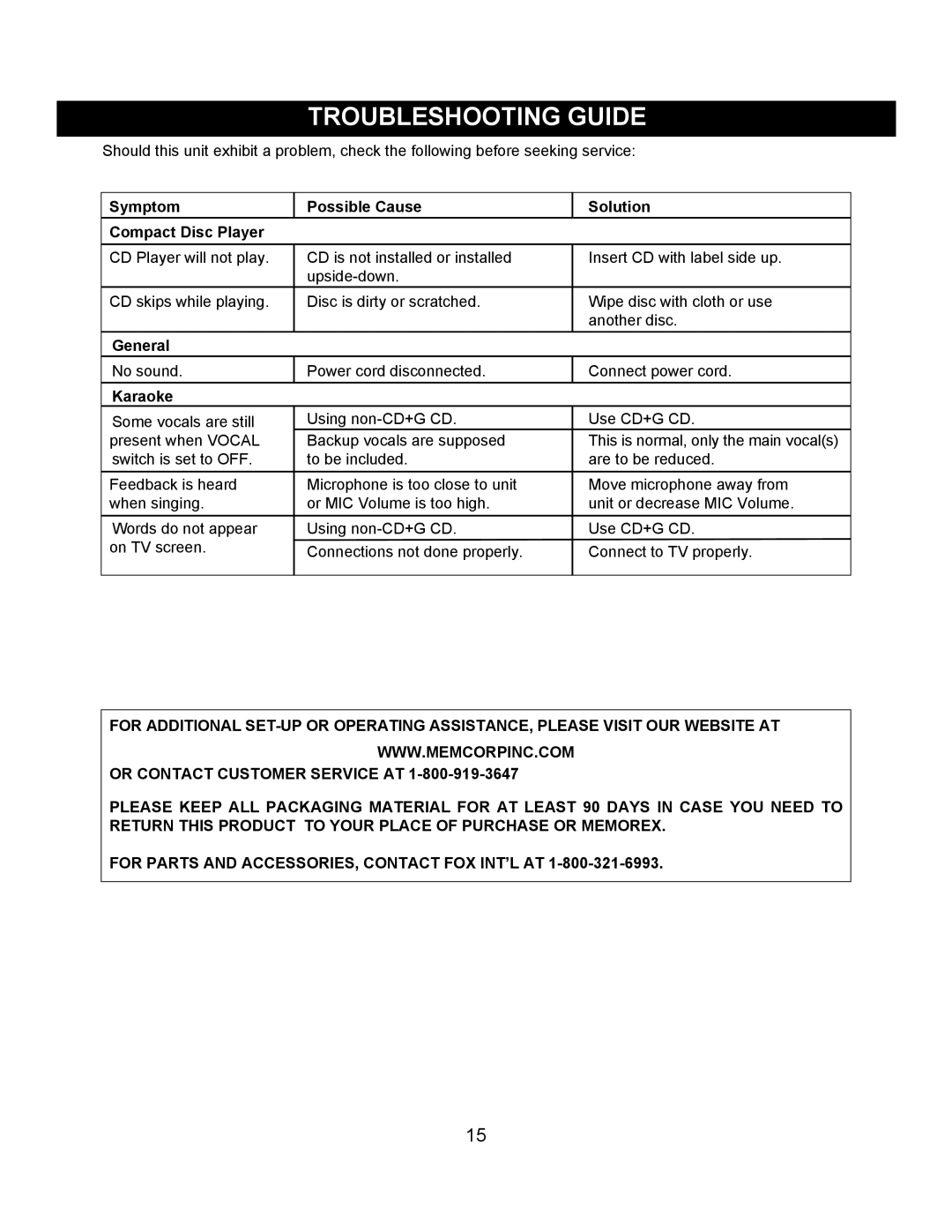 Memorex MKS2111 Troubleshooting Guide, Symptom Possible Cause Solution Compact Disc Player, General, Karaoke 