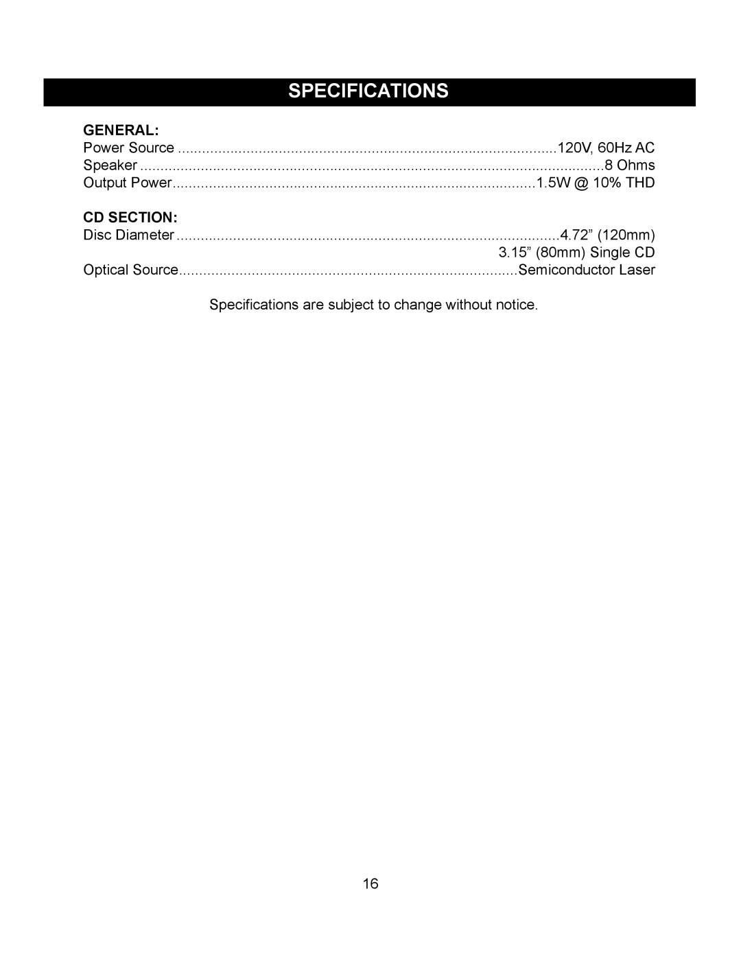 Memorex MKS2111 operating instructions Specifications, General, CD Section 