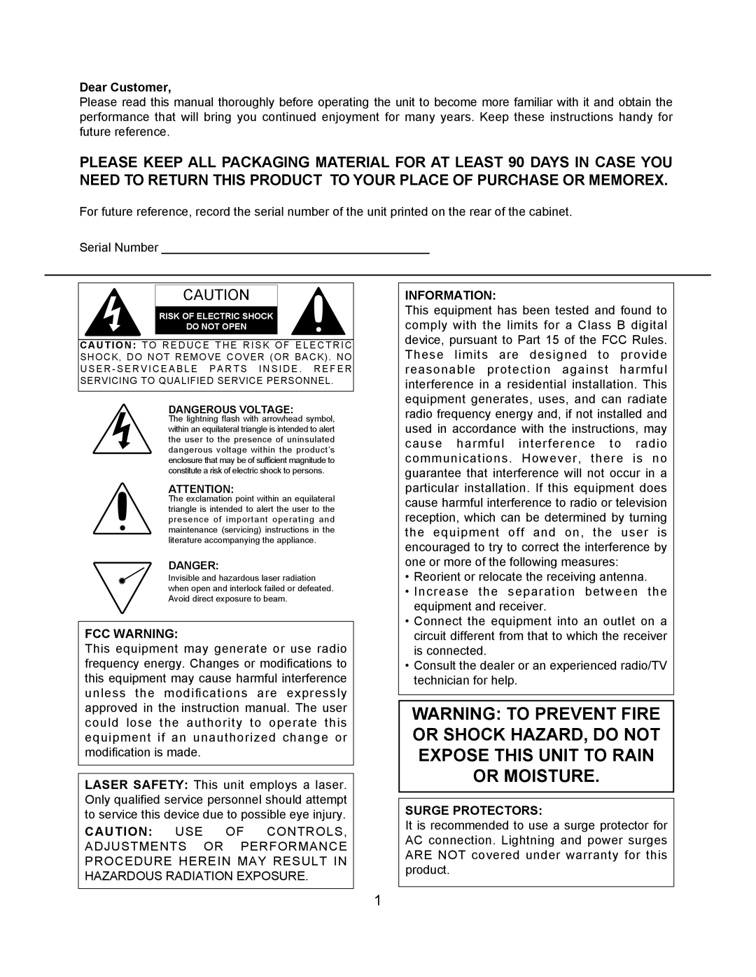 Memorex MKS2111 operating instructions Dear Customer, Risk of Electric Shock Do not Open 