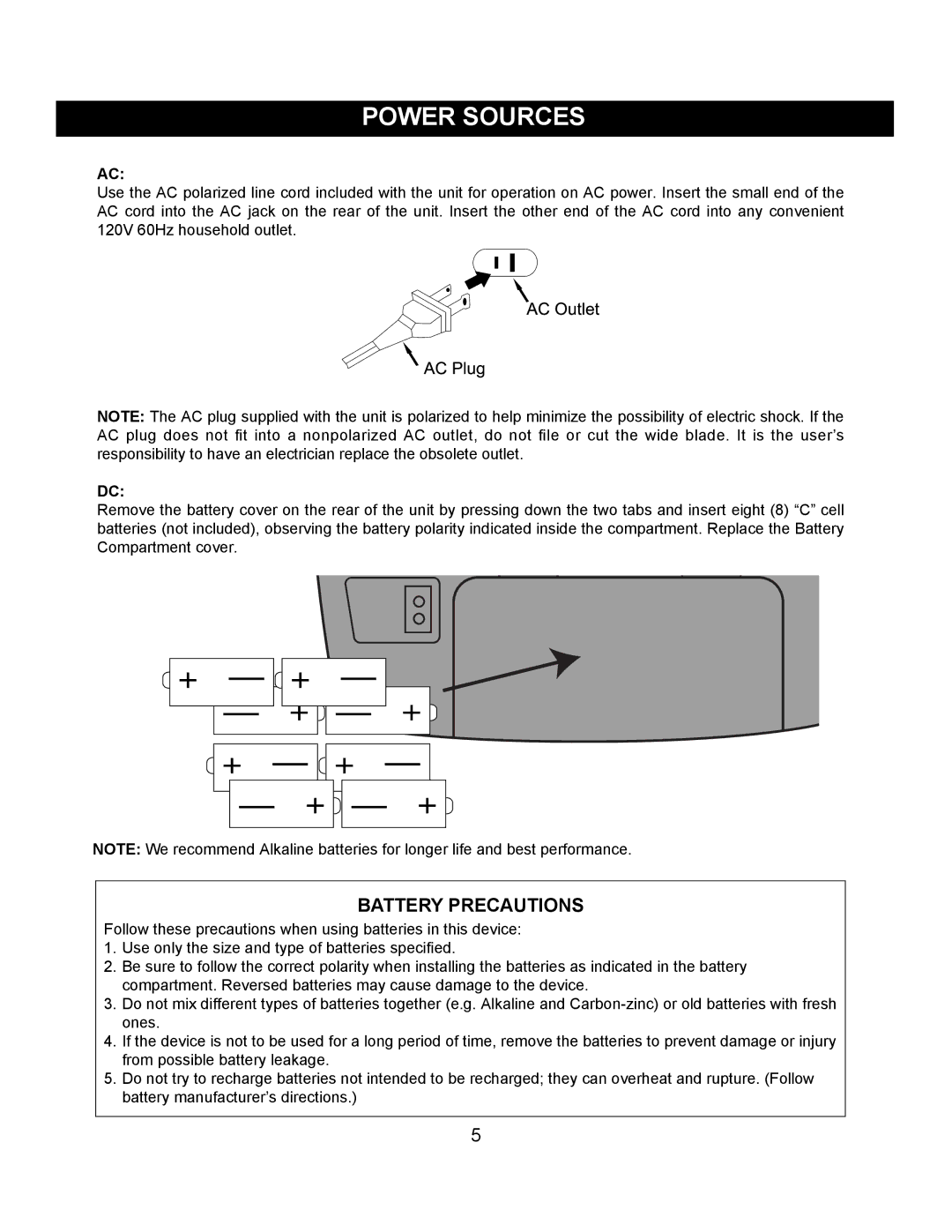 Memorex MKS2111 operating instructions Power Sources, Battery Precautions 