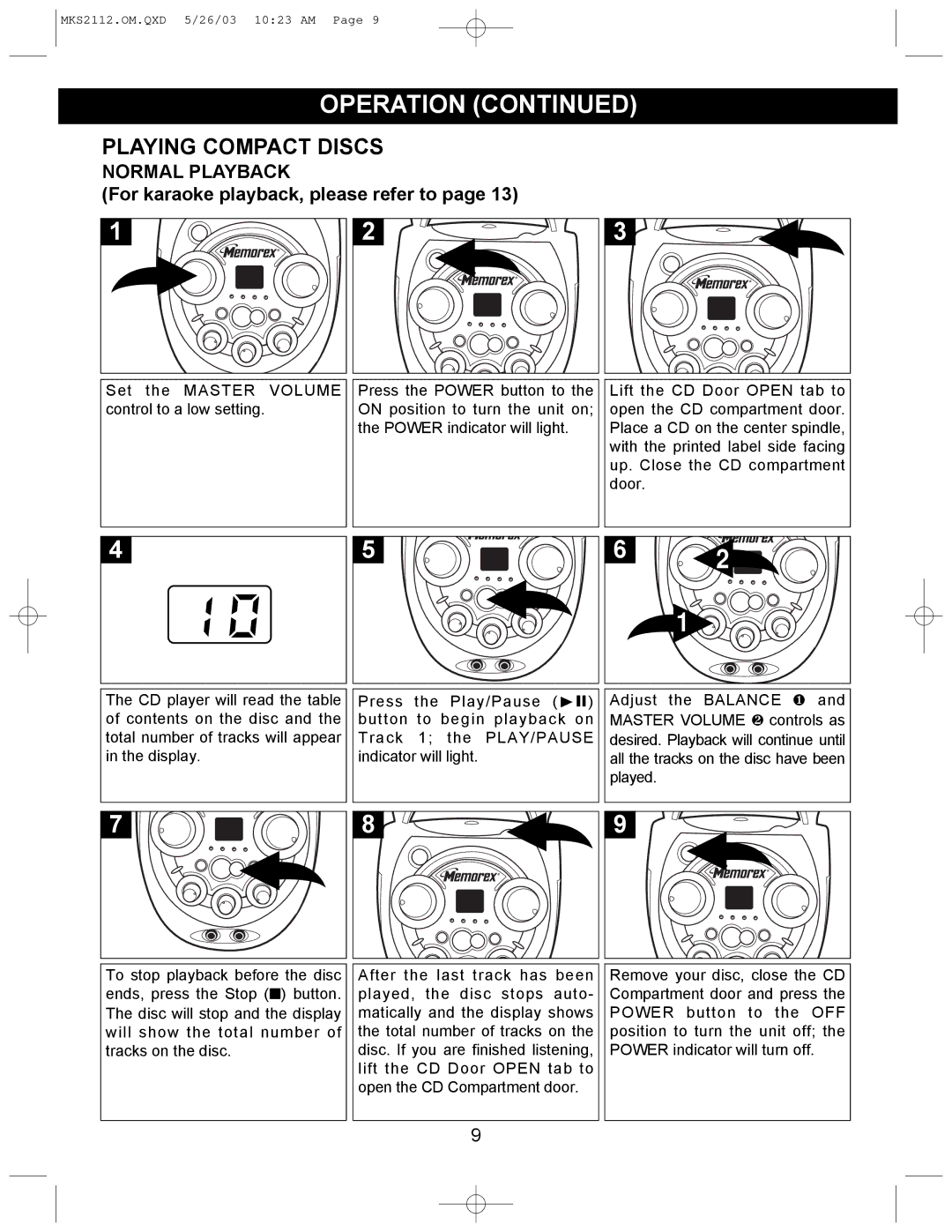 Memorex MKS2112 manual Playing Compact Discs, Normal Playback 