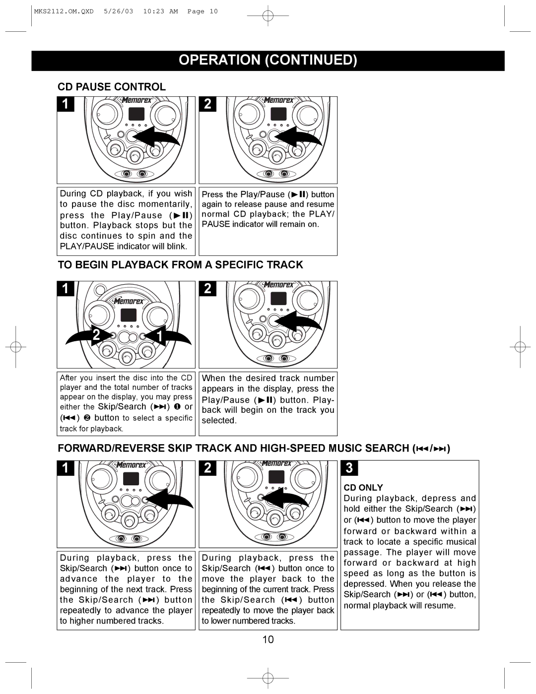 Memorex MKS2112 manual CD Pause Control, To Begin Playback from a Specific Track 