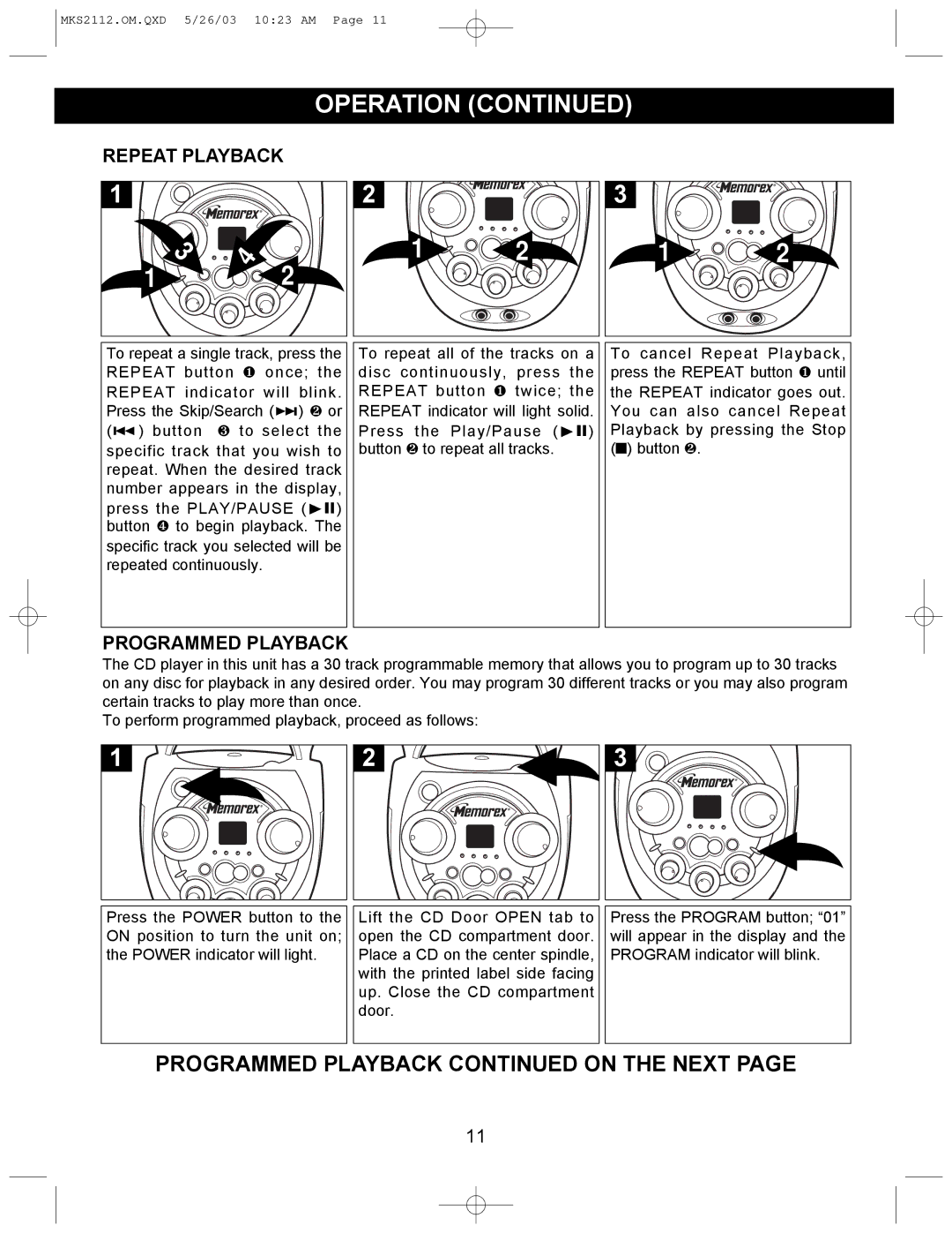 Memorex MKS2112 manual Repeat Playback, Programmed Playback 