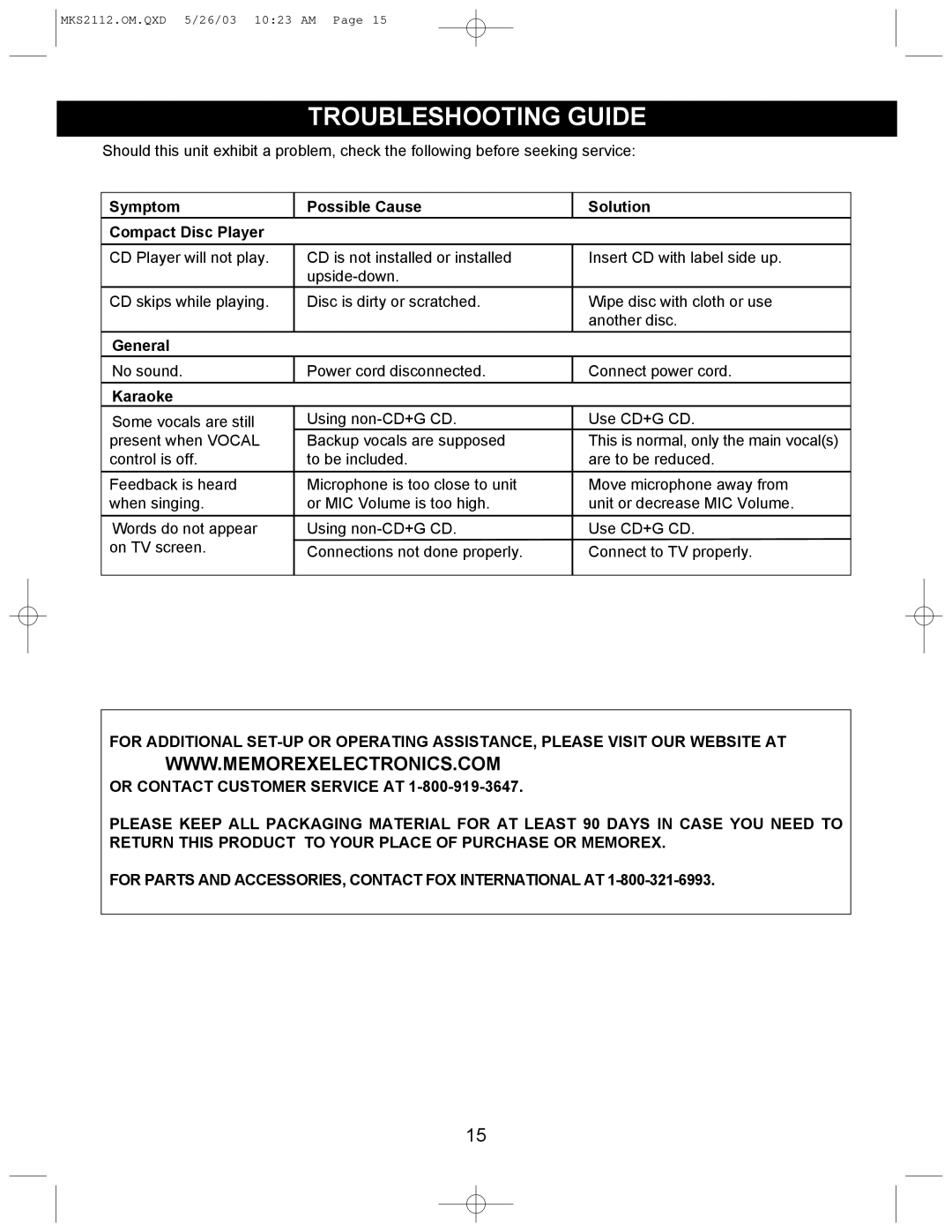 Memorex MKS2112 manual Troubleshooting Guide, Symptom Possible Cause Solution Compact Disc Player, General, Karaoke 