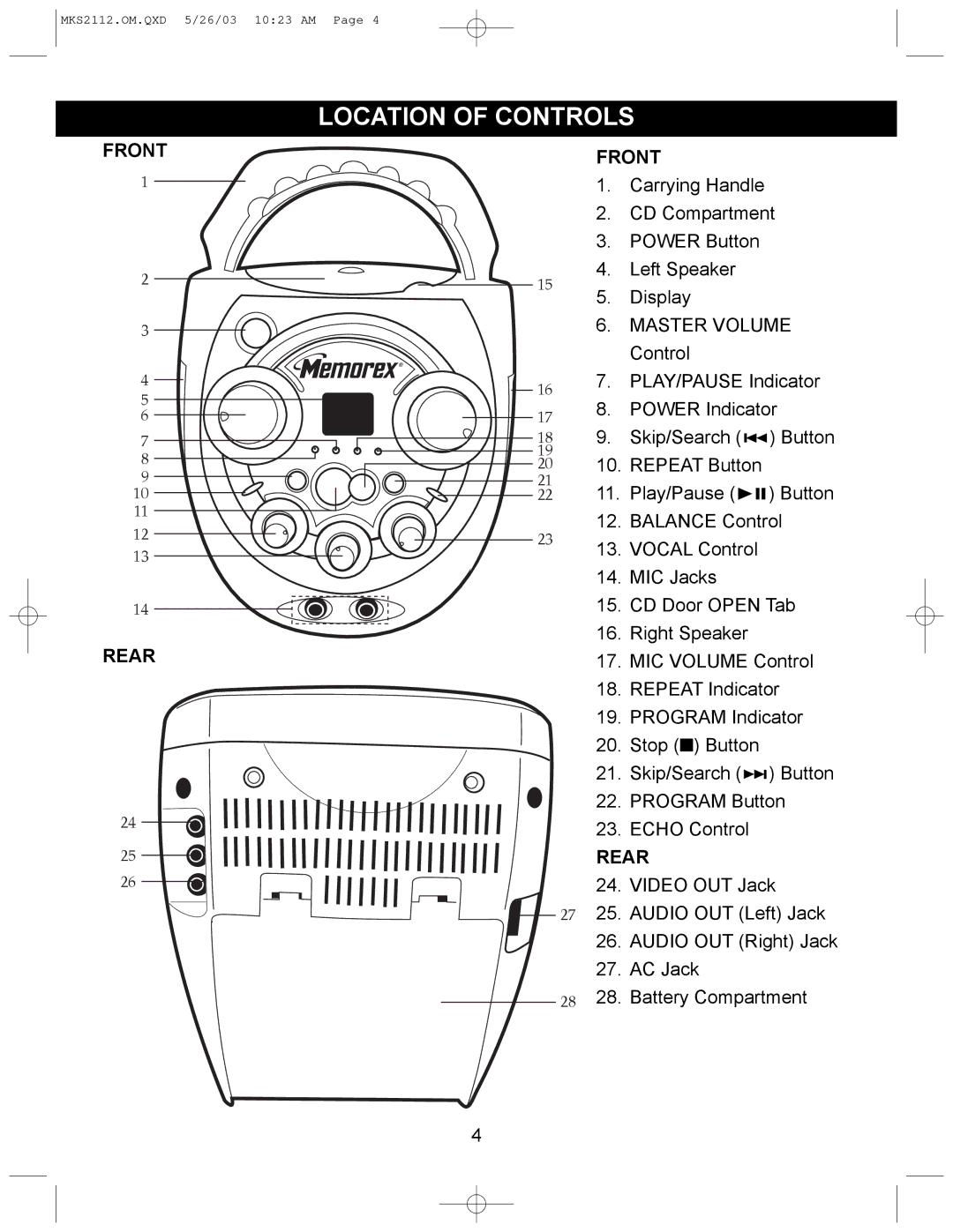 Memorex MKS2112 manual Location of Controls, Front Rear 