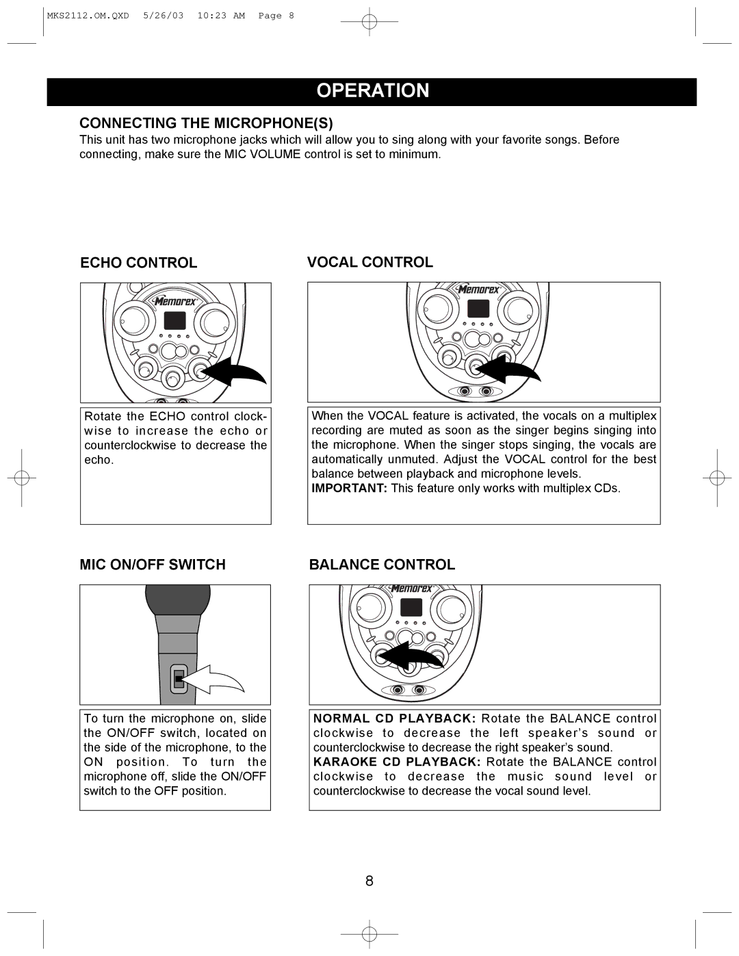 Memorex MKS2112 manual Operation, Connecting the Microphones, Echo Control Vocal Control, MIC ON/OFF Switch 