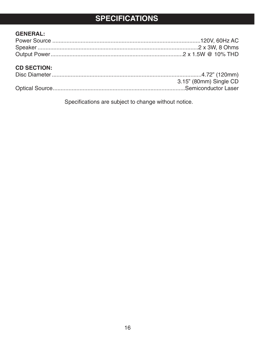 Memorex MKS2114 manual Specifications, General, CD Section 