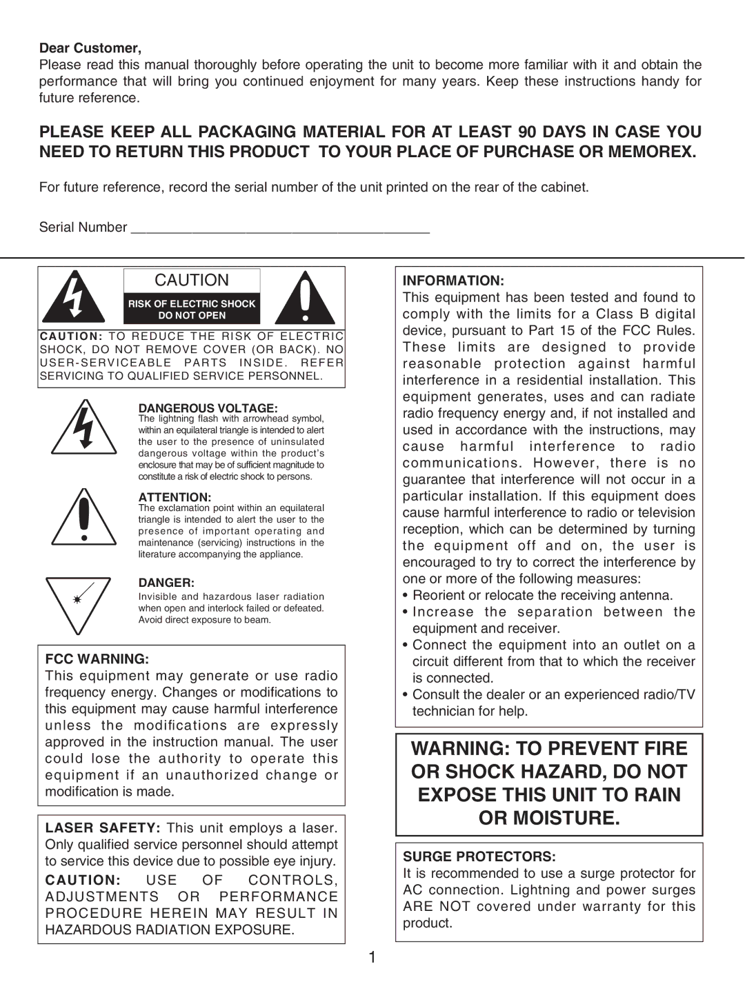 Memorex MKS2114 manual Dear Customer, FCC Warning, Information, Surge Protectors 