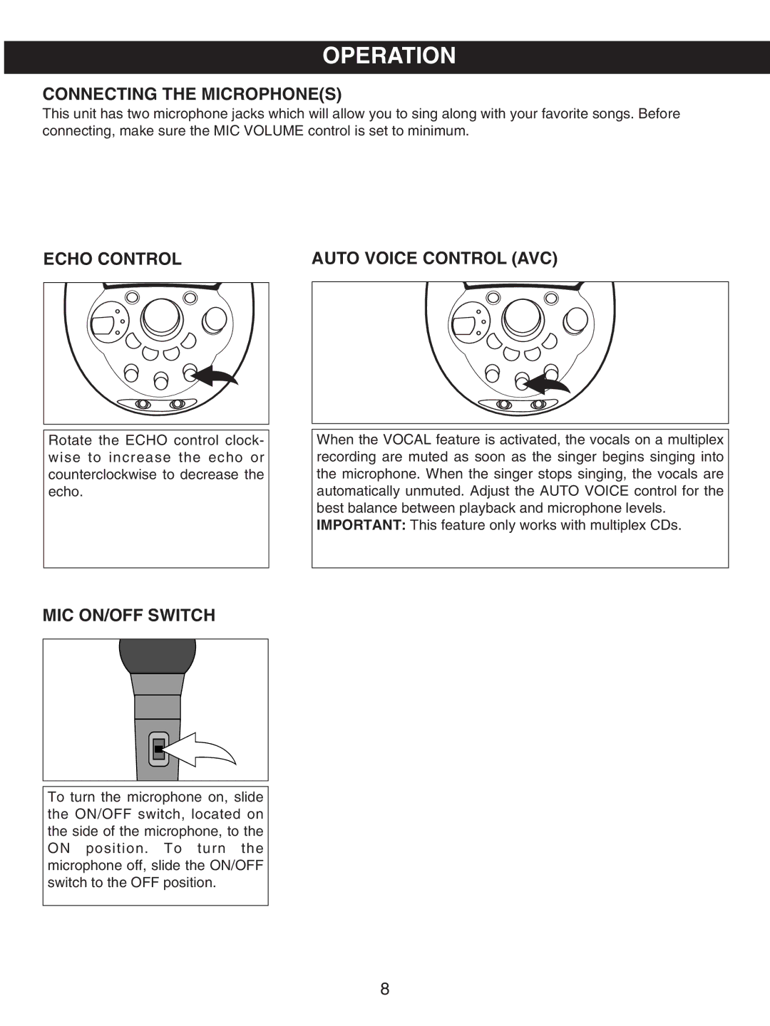 Memorex MKS2114 manual Operation, Connecting the Microphones, Echo Control Auto Voice Control AVC, MIC ON/OFF Switch 