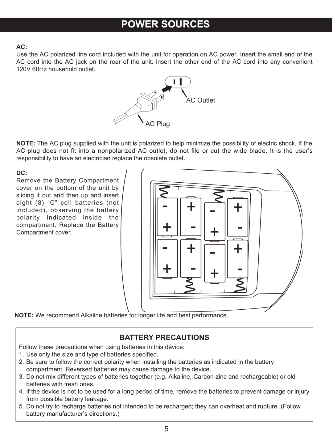 Memorex MKS2115 manual Battery Precautions, AC Outlet AC Plug 