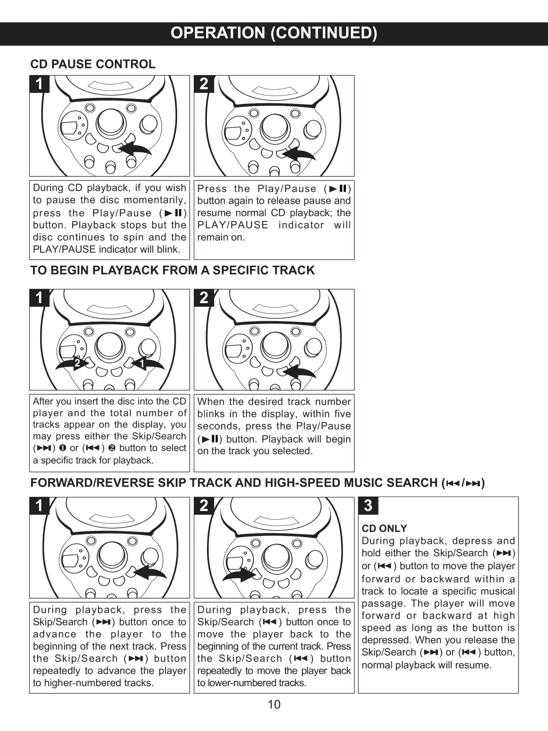 Memorex MKS2116 manual CD Pause Control, To Begin Playback from a Specific Track, CD only 