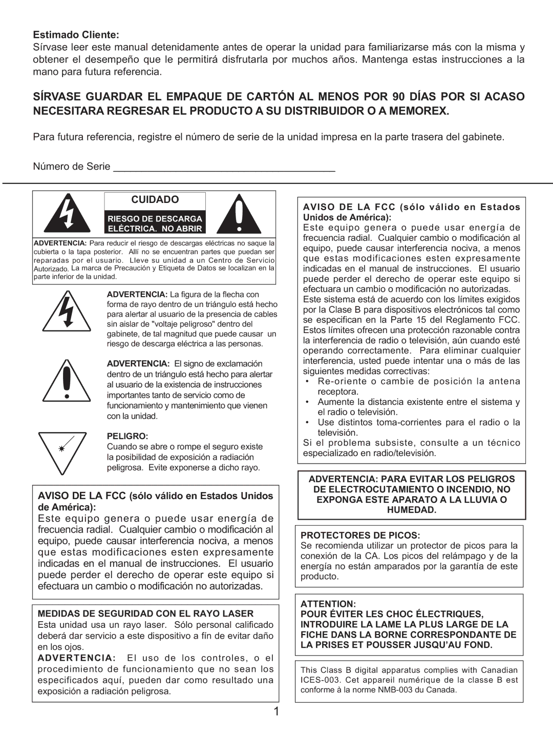 Memorex MKS2116 manual Estimado Cliente, Cuidado, Aviso DE LA FCC sólo válido en Estados Unidos de América 