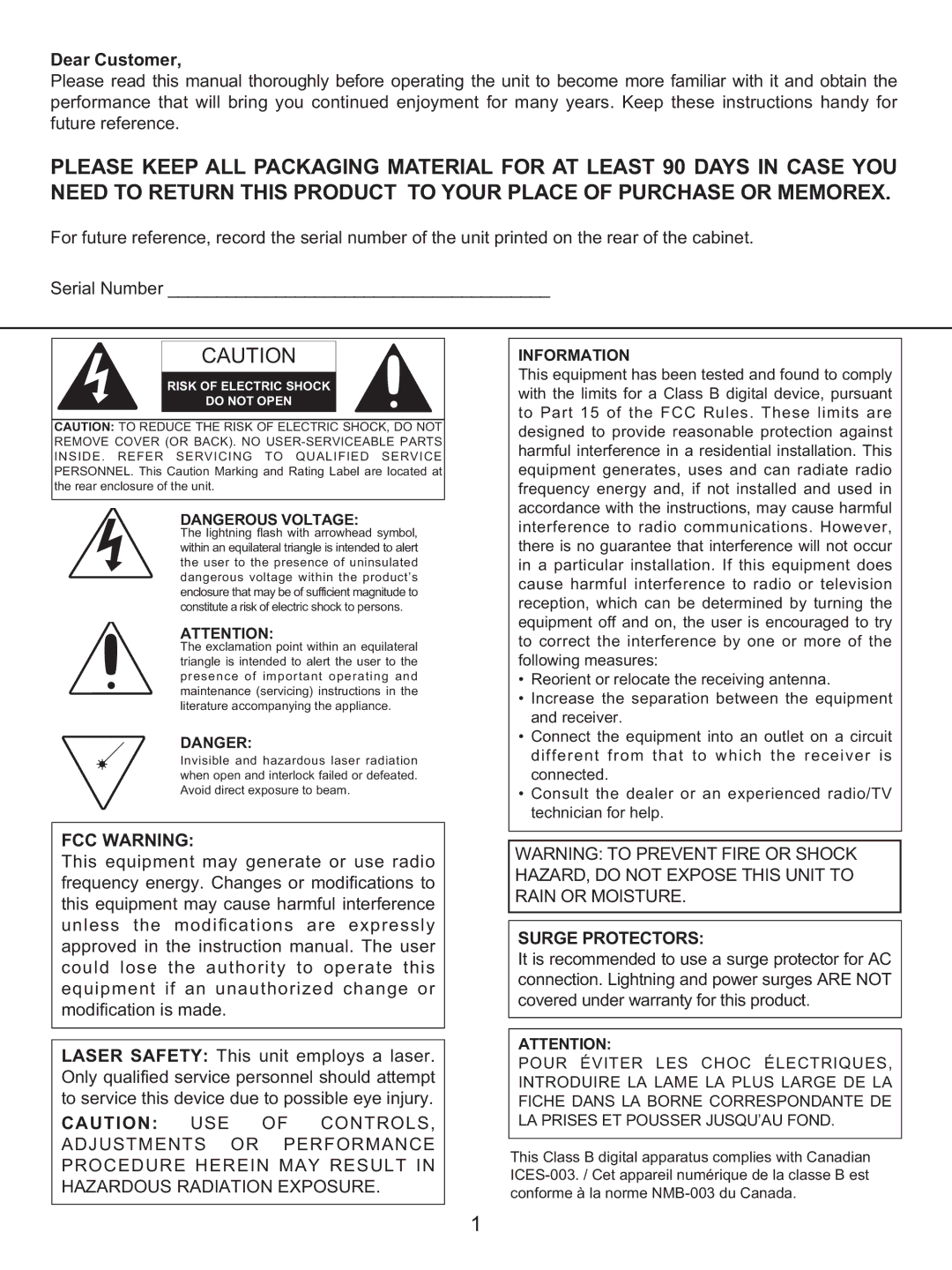 Memorex MKS2116 manual Dear Customer, FCC Warning, Surge Protectors 