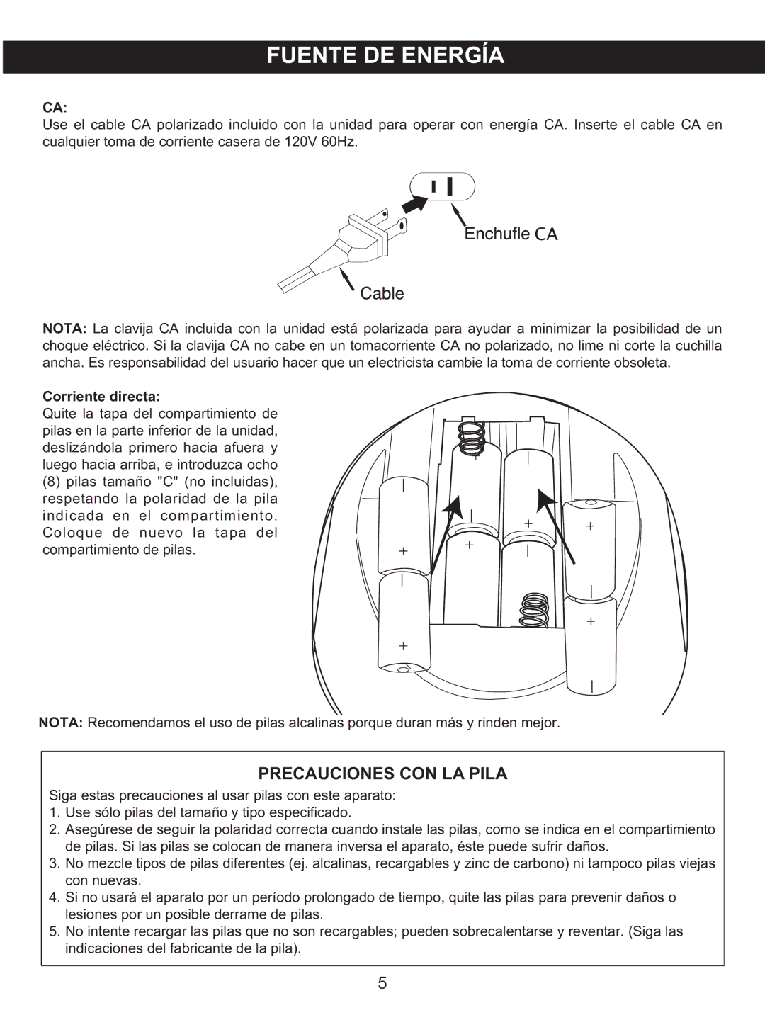 Memorex MKS2116 manual Precauciones CON LA Pila, Corriente directa 