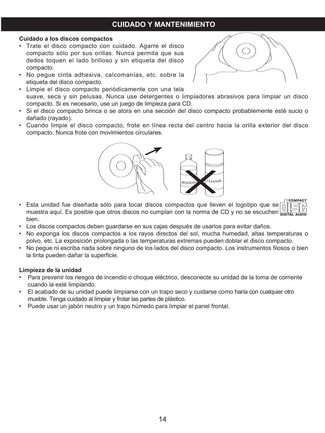 Memorex MKS2116 manual Cuidado a los discos compactos, Limpieza de la unidad 