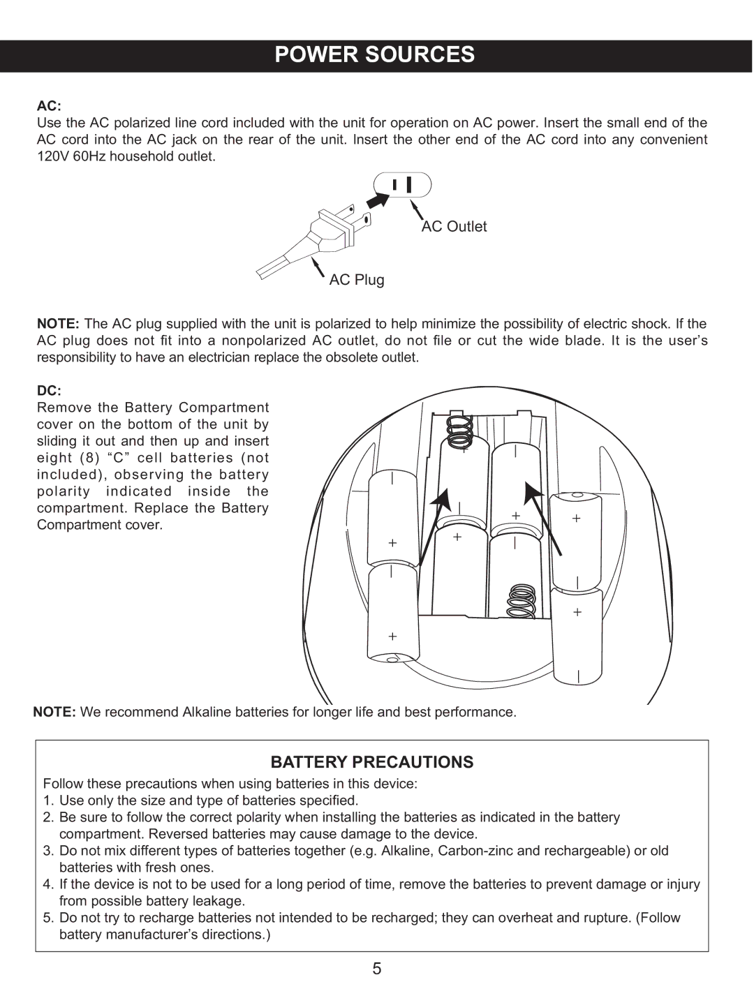 Memorex MKS2116 manual Battery Precautions, AC Outlet AC Plug 