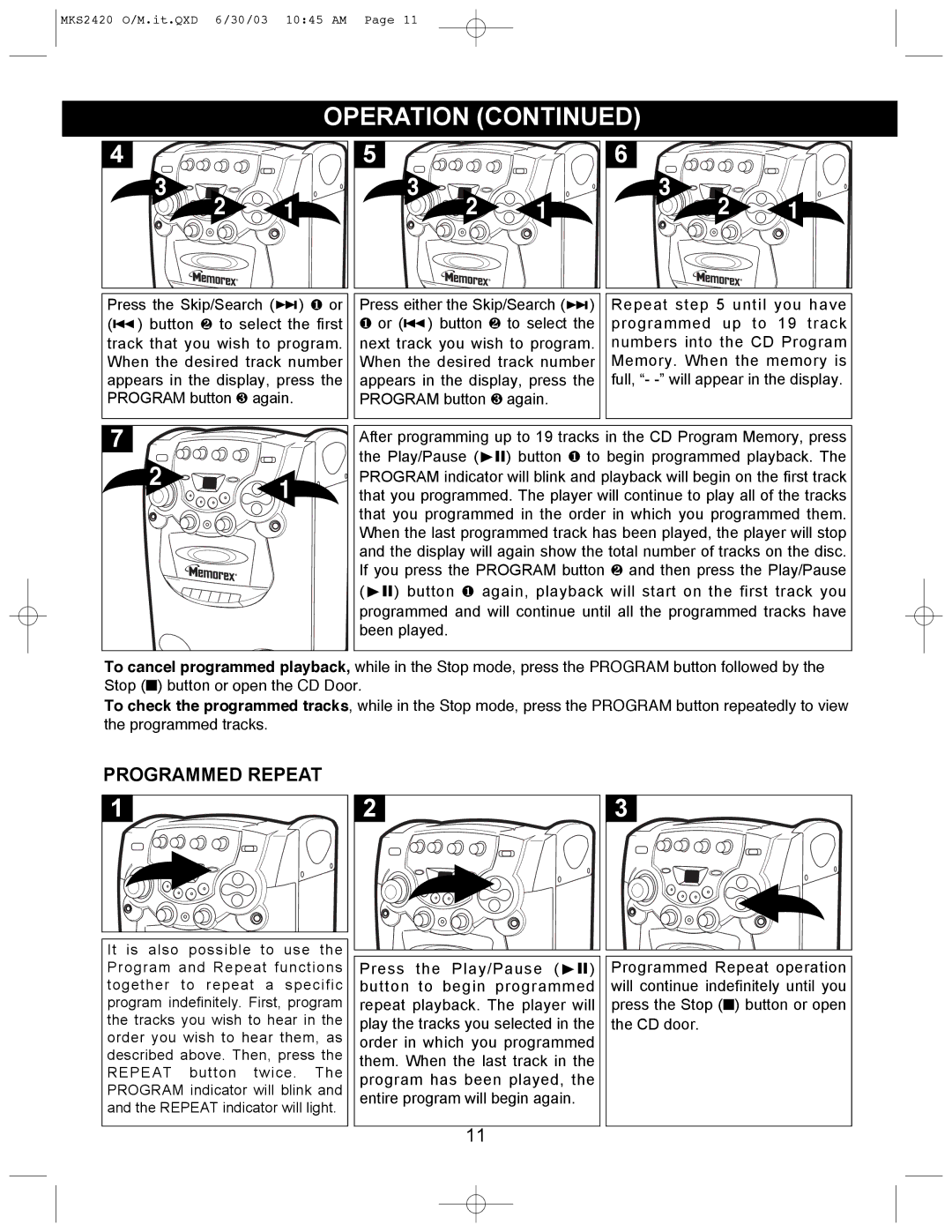 Memorex MKS2420 manual Programmed Repeat 