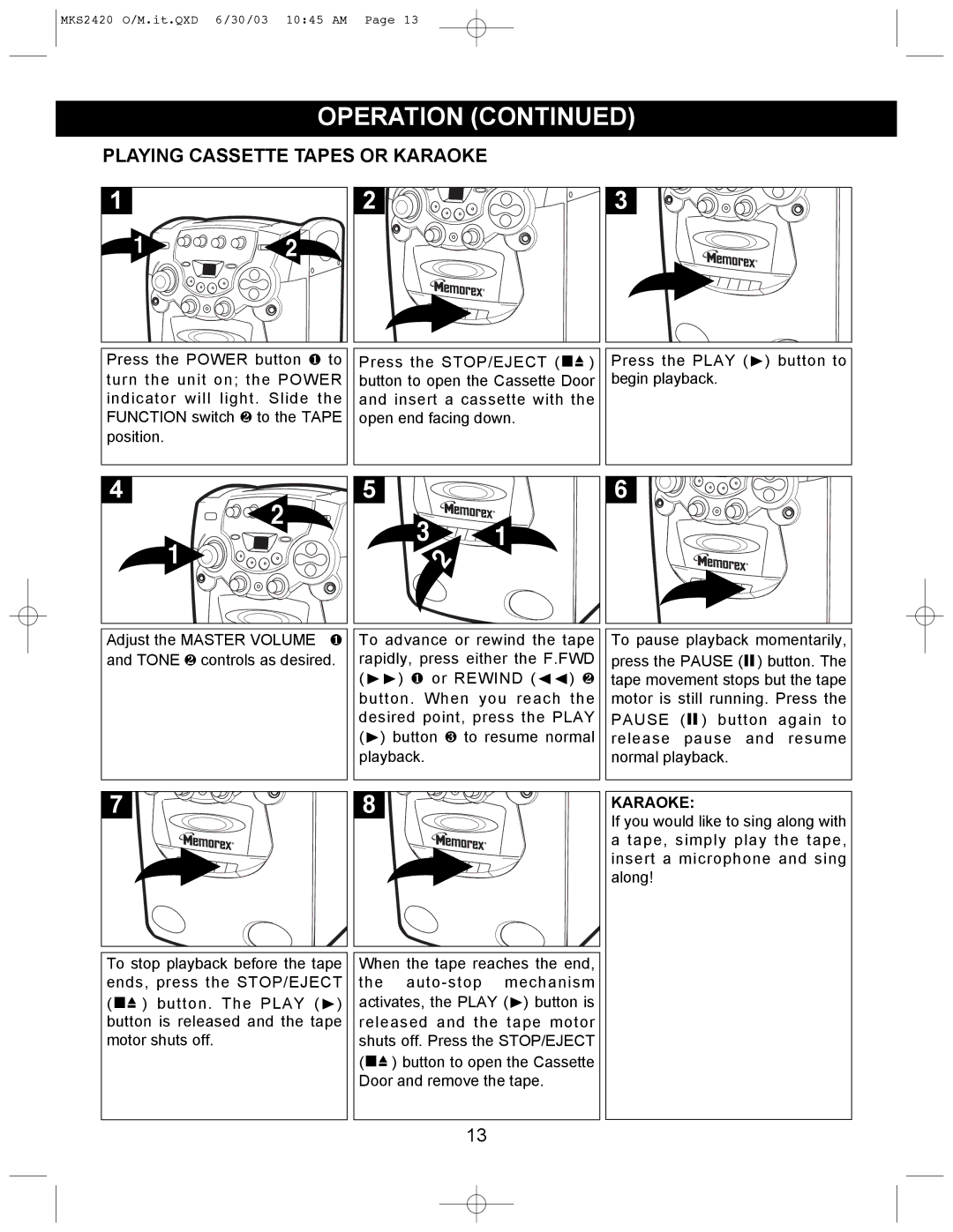 Memorex MKS2420 manual Playing Cassette Tapes or Karaoke 