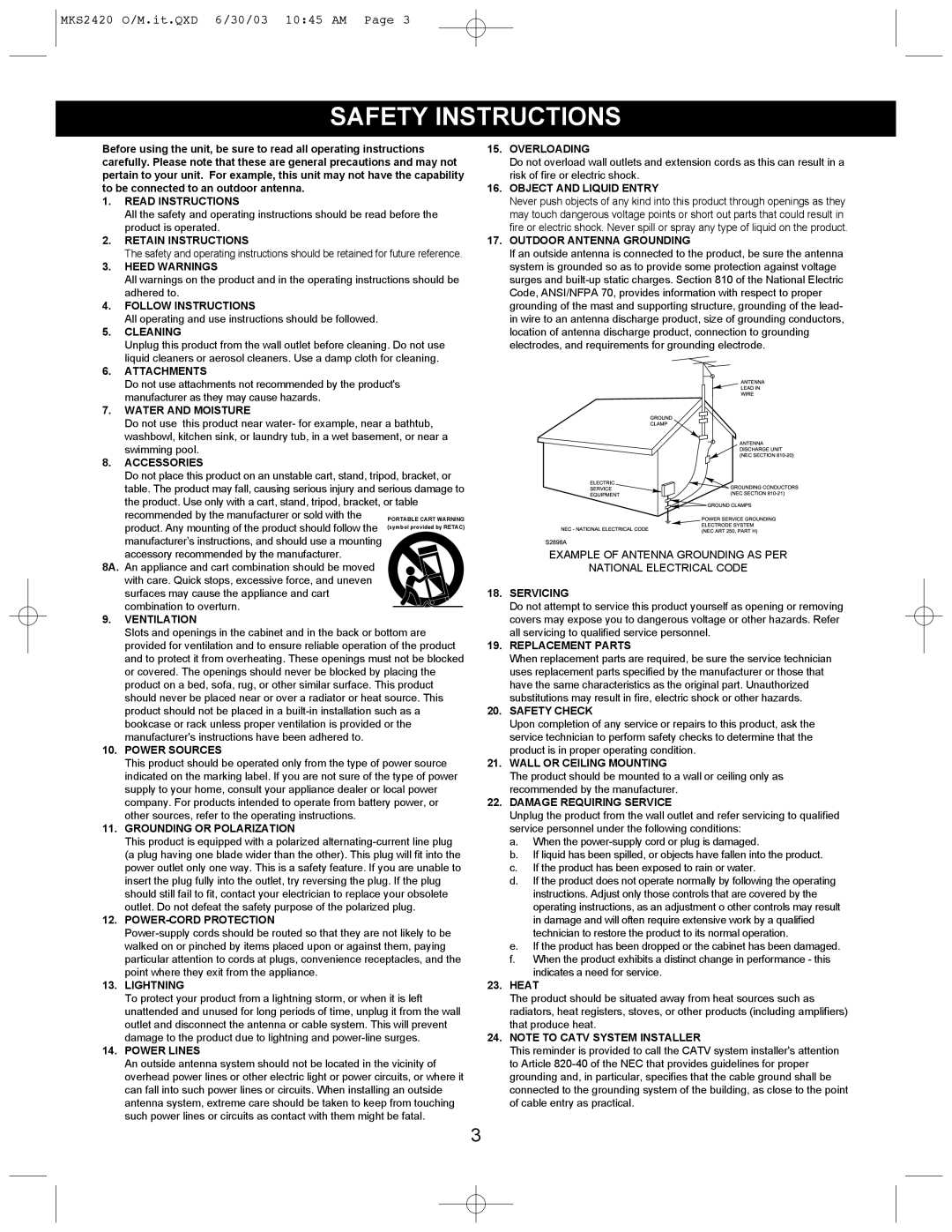 Memorex MKS2420 manual Safety Instructions, Cleaning 