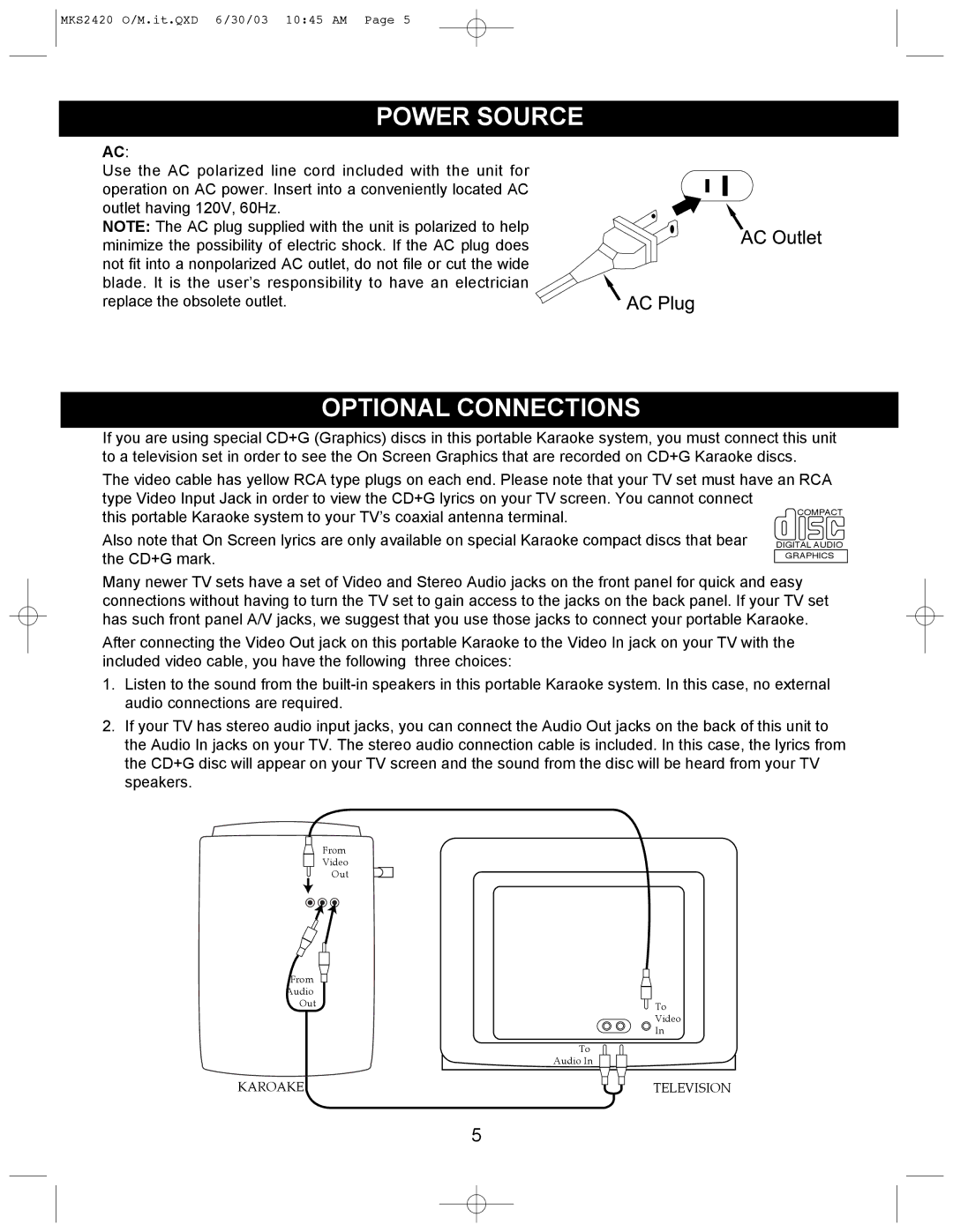 Memorex MKS2420 manual Power Source, Optional Connections 