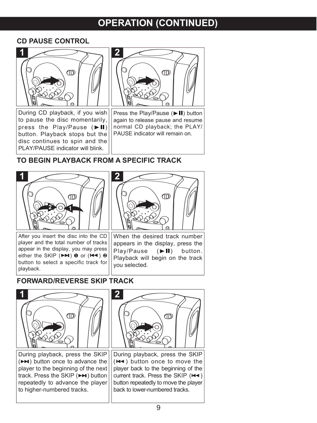 Memorex MKS2422 manual CD Pause Control, To Begin Playback from a Specific Track, FORWARD/REVERSE Skip Track 