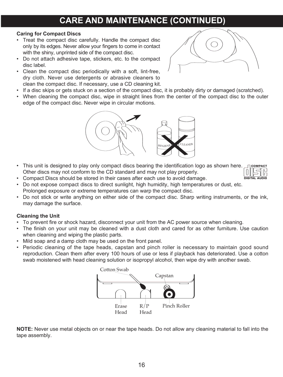 Memorex MKS2422 manual Caring for Compact Discs, Cleaning the Unit 