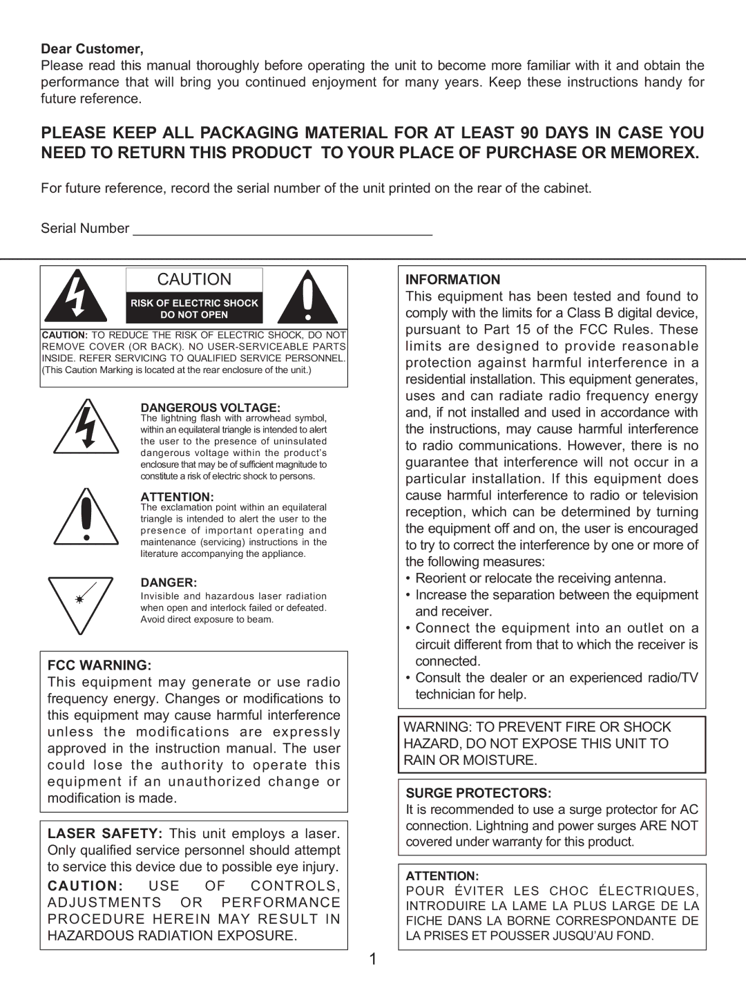 Memorex MKS2422 manual Dear Customer, FCC Warning, Information, Surge Protectors 