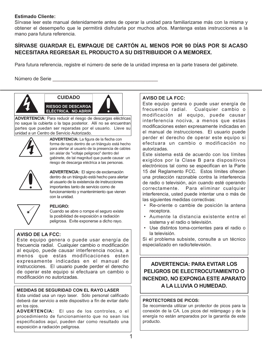 Memorex MKS2422 manual Estimado Cliente, Cuidado, Aviso DE LA FCC 