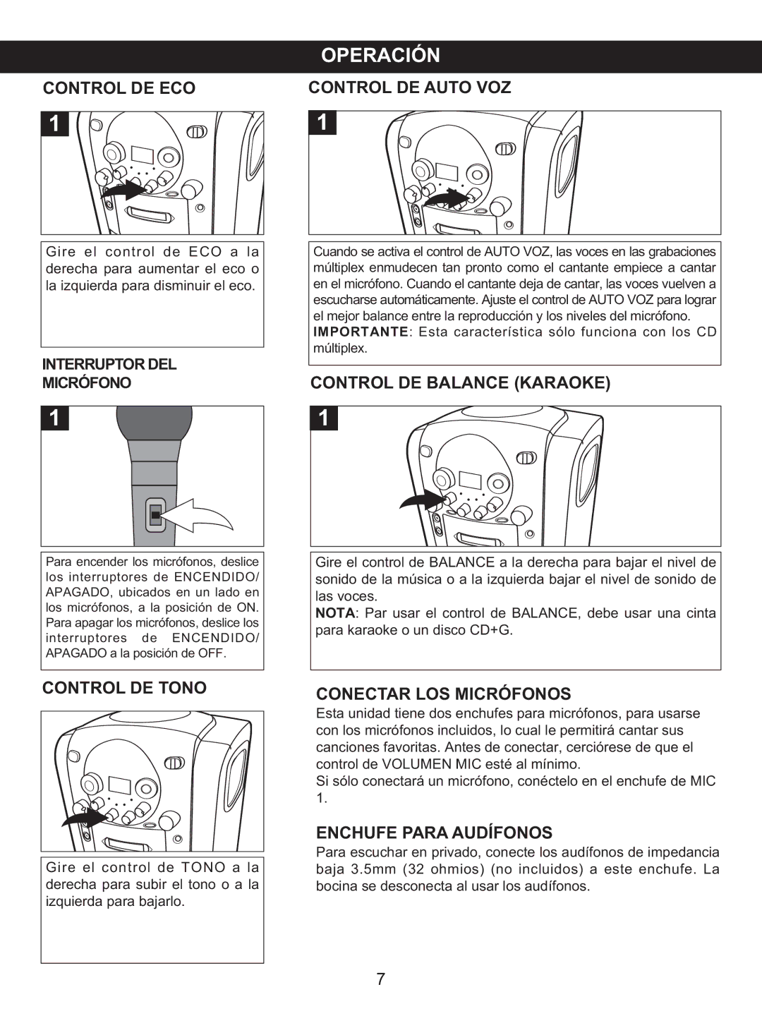 Memorex MKS2422 Control DE ECO, Control DE Auto VOZ, Control DE Tono, Control DE Balance Karaoke, Conectar LOS Micrófonos 