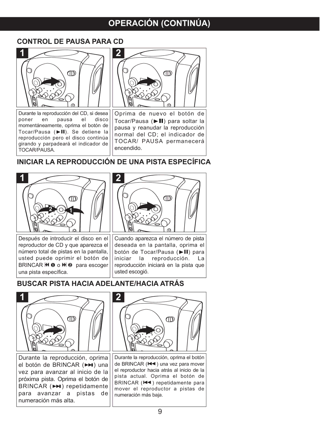 Memorex MKS2422 manual Control DE Pausa Para CD, Buscar Pista Hacia ADELANTE/HACIA Atrás 