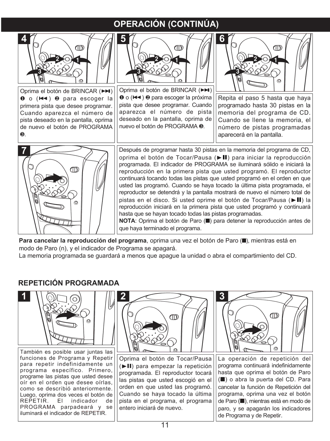 Memorex MKS2422 manual Repetición Programada, Oprima el botón de Tocar/Pausa para empezar la repetición 