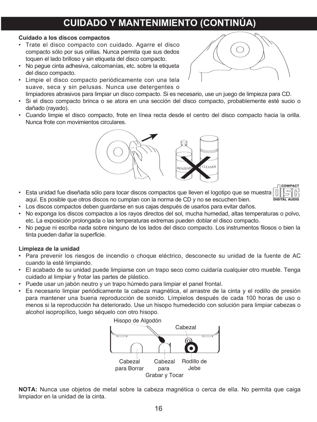 Memorex MKS2422 manual Cuidado a los discos compactos, Limpieza de la unidad 