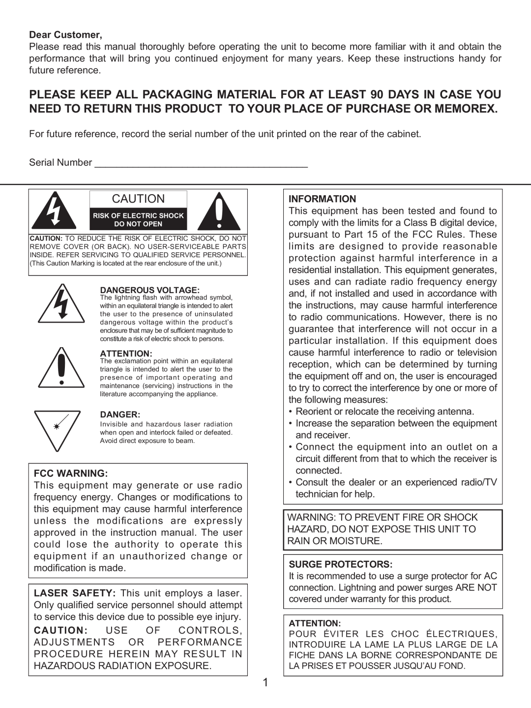 Memorex MKS2422 manual Fcc Warning, Information, Surge Protectors 