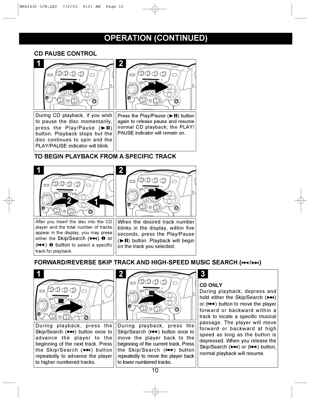 Memorex MKS2430 manual CD Pause Control, To Begin Playback from a Specific Track, CD only 