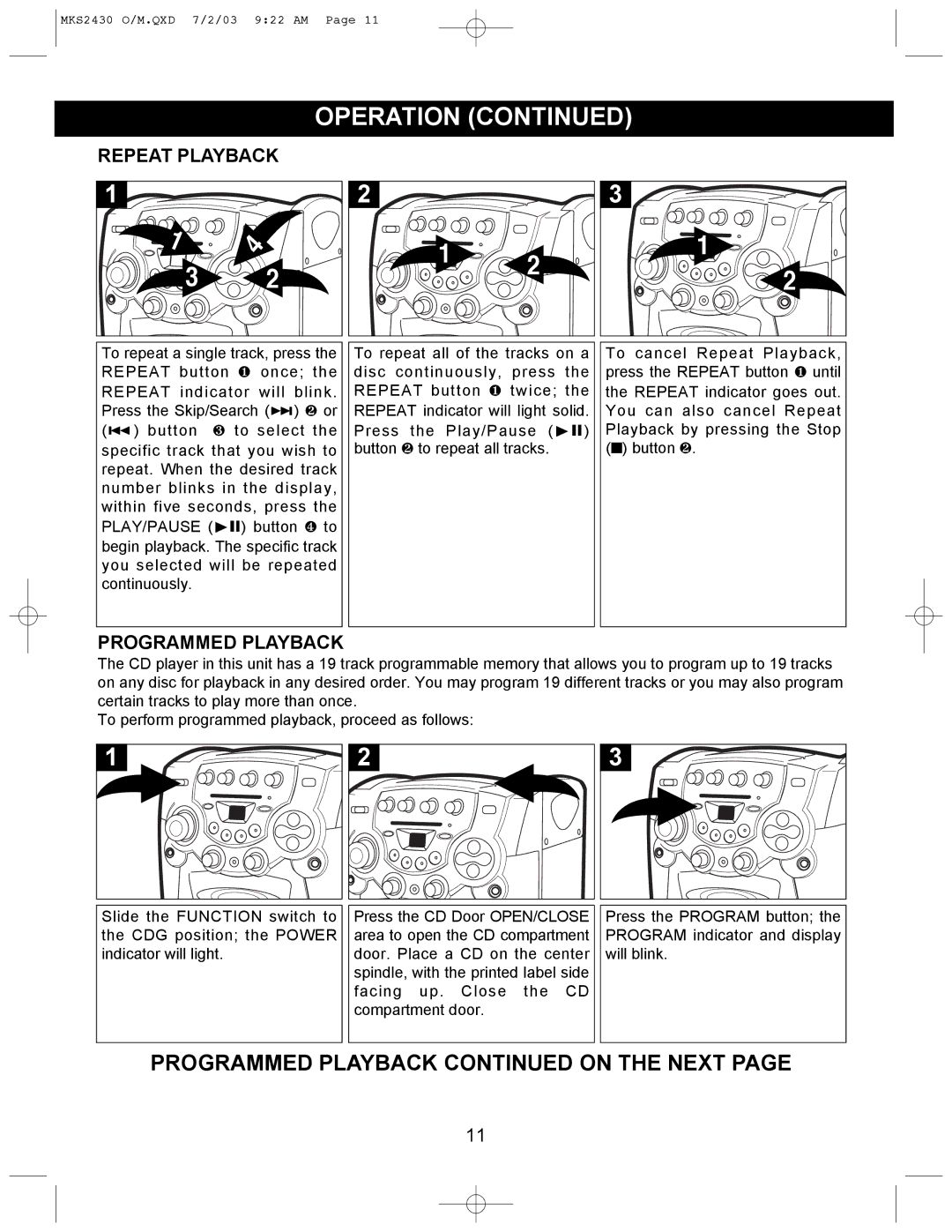 Memorex MKS2430 manual Repeat Playback, Programmed Playback 