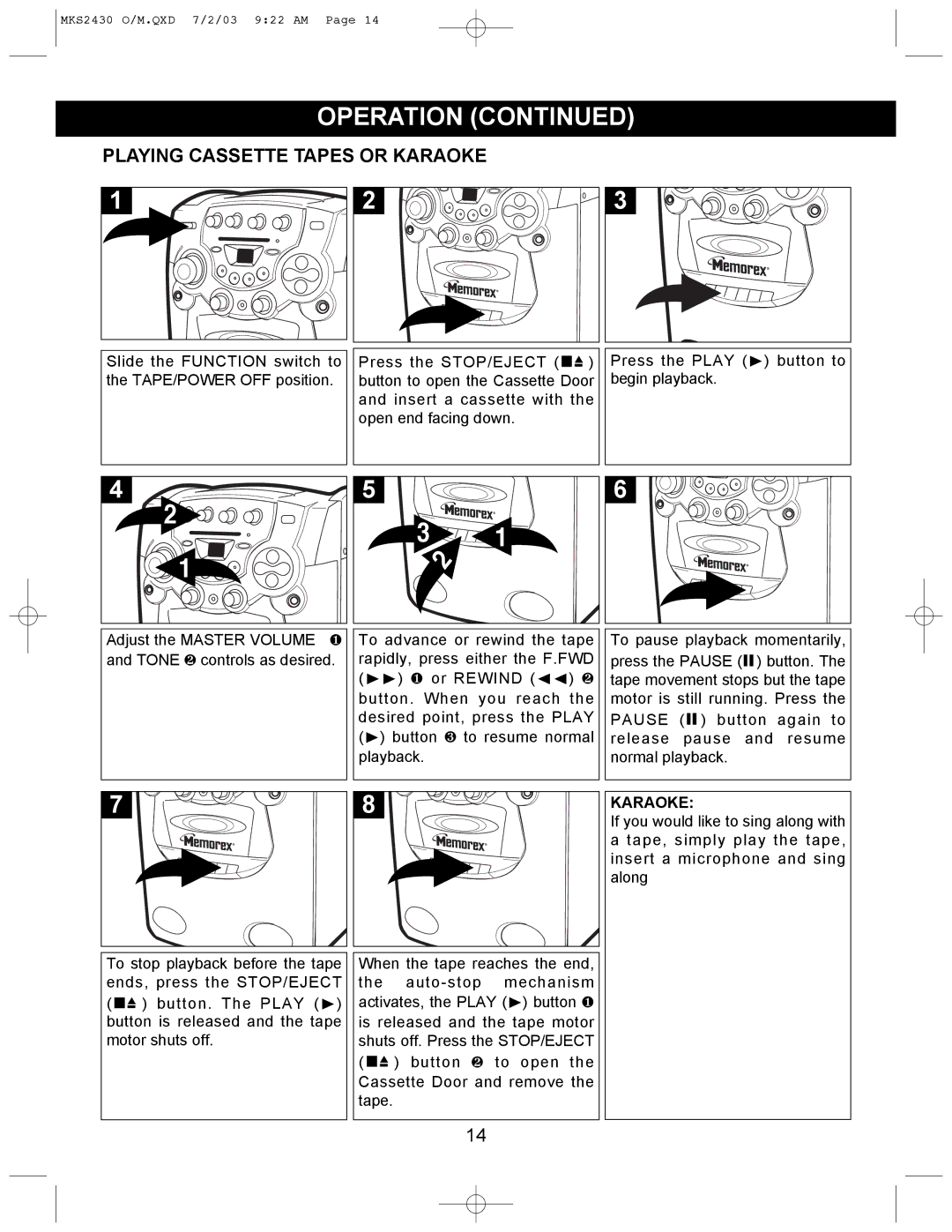 Memorex MKS2430 manual Playing Cassette Tapes or Karaoke 