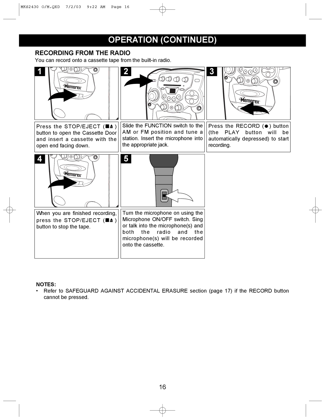 Memorex MKS2430 manual Recording from the Radio 