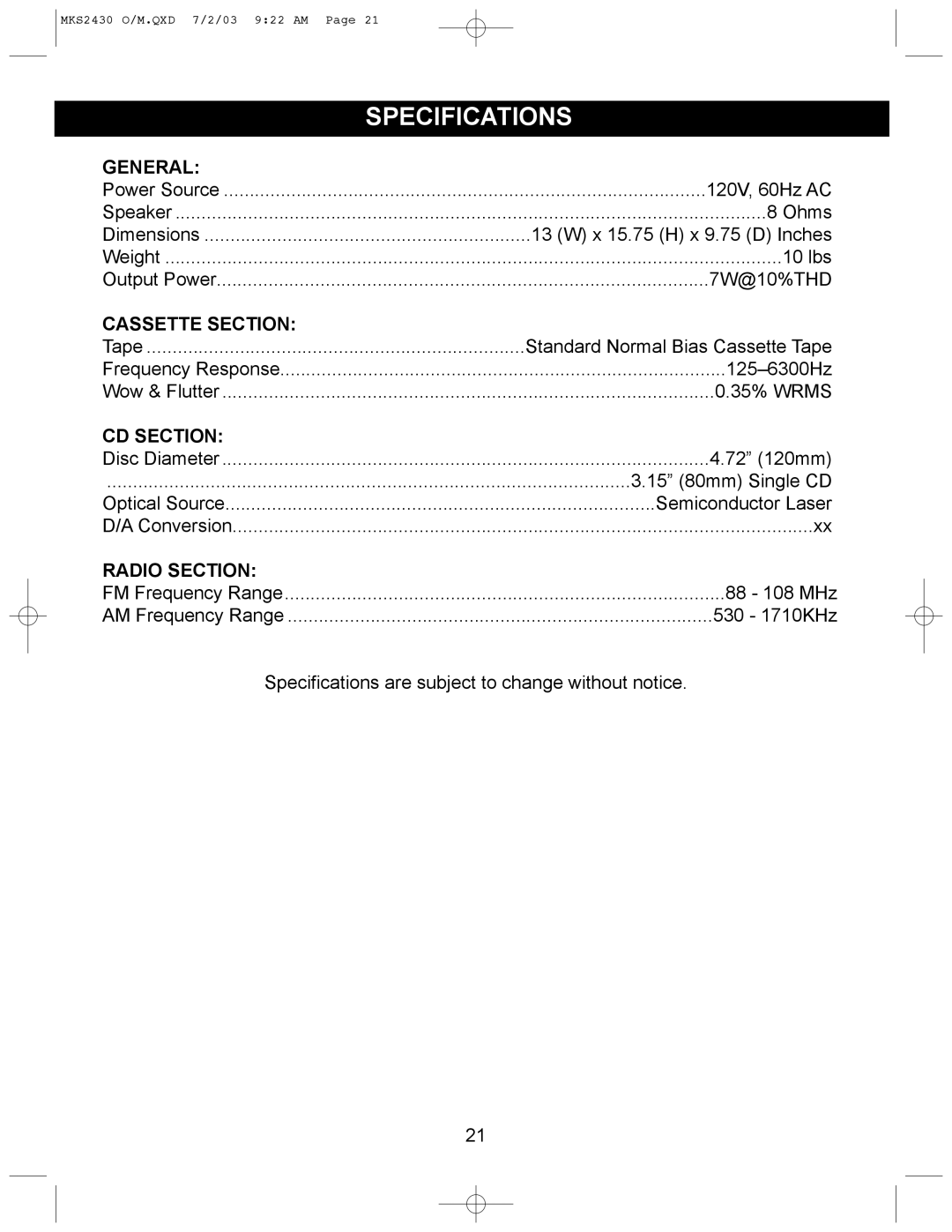 Memorex MKS2430 manual Specifications, General, Cassette Section, CD Section, Radio Section 